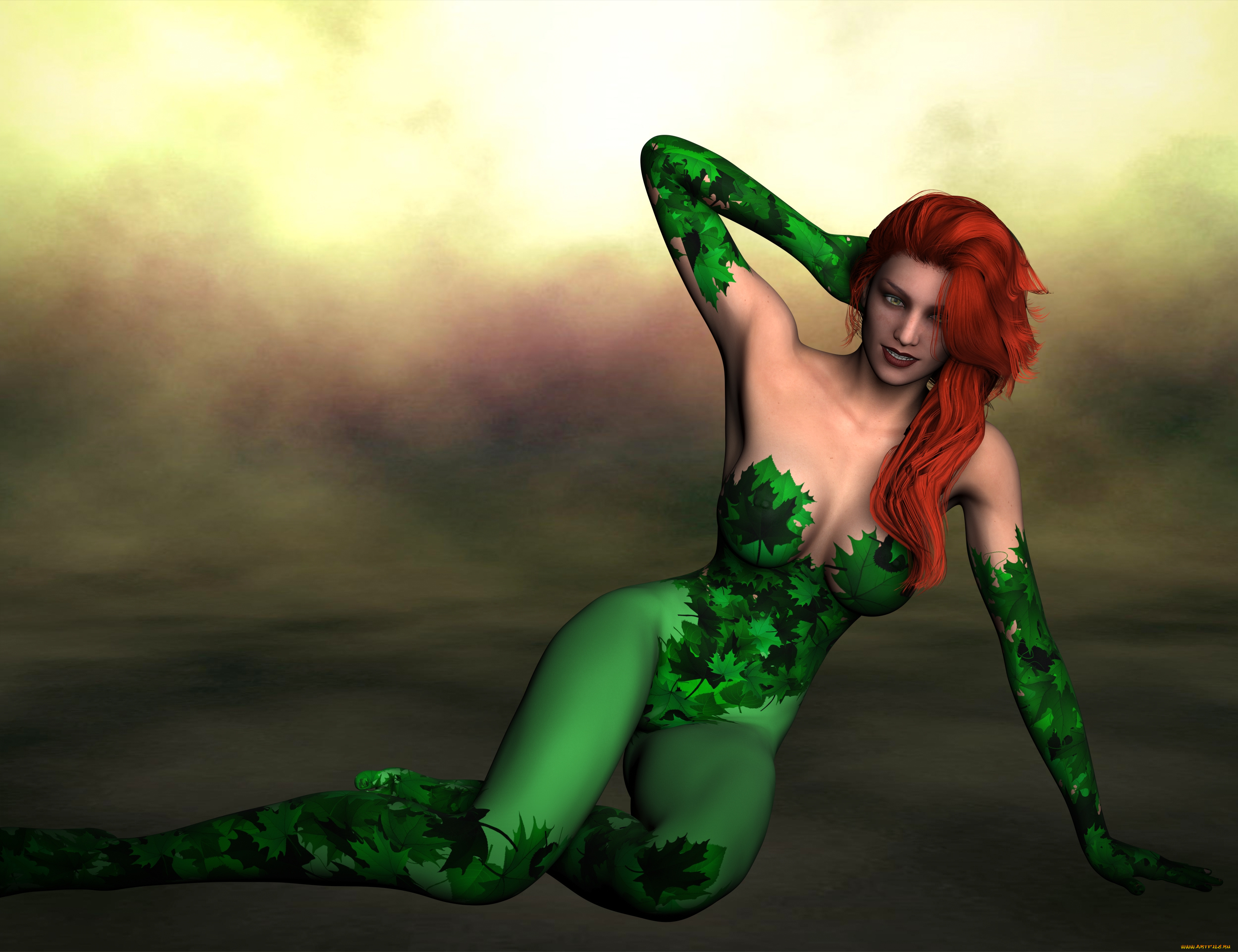 poison, ivy, 3д, графика, люди, , people, рыжая, фон, девушка, взгляд