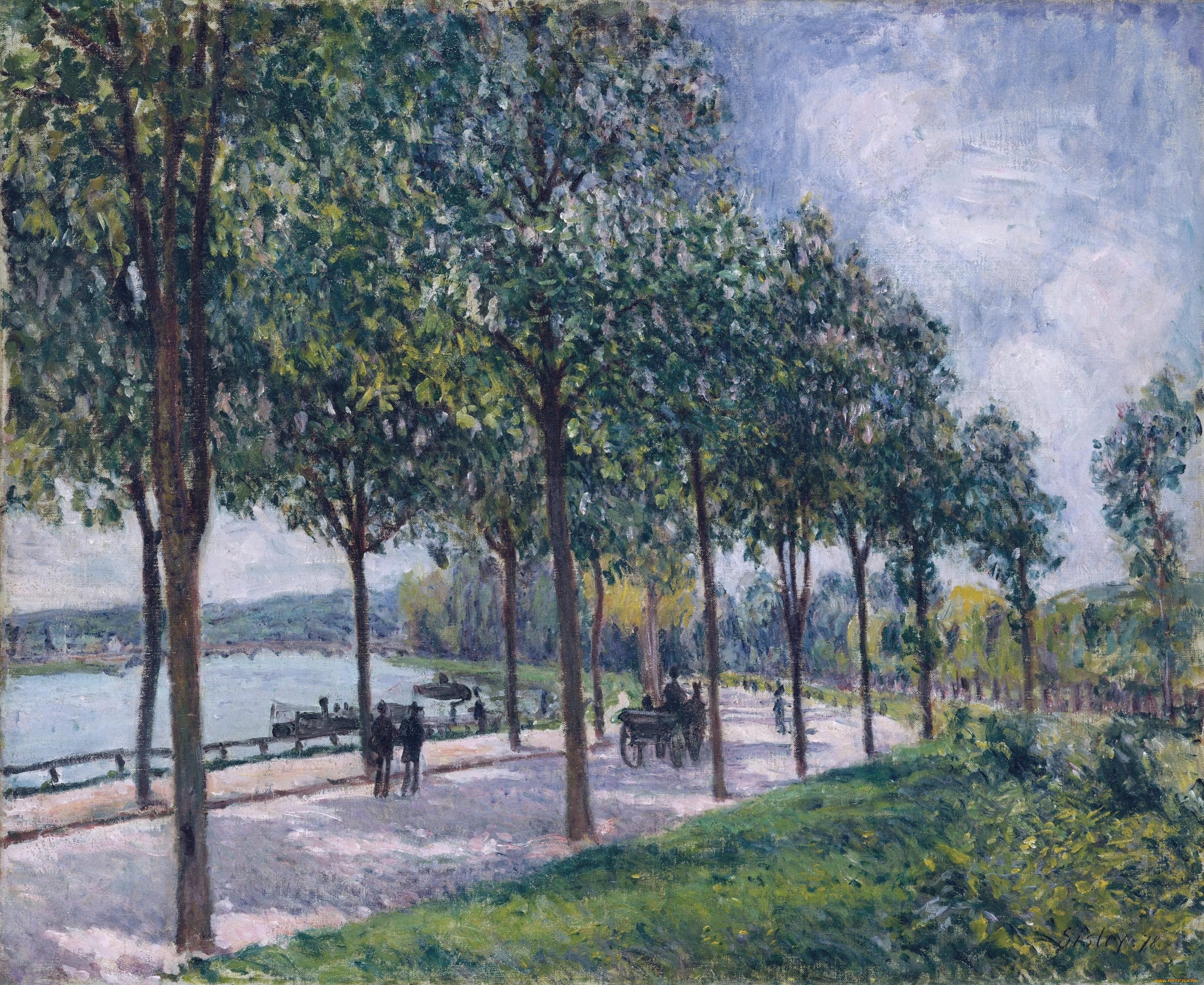 alley, of, chestnut, trees, рисованное, alfred, sisley, экипаж, люди, дорога, аллея, деревья, река