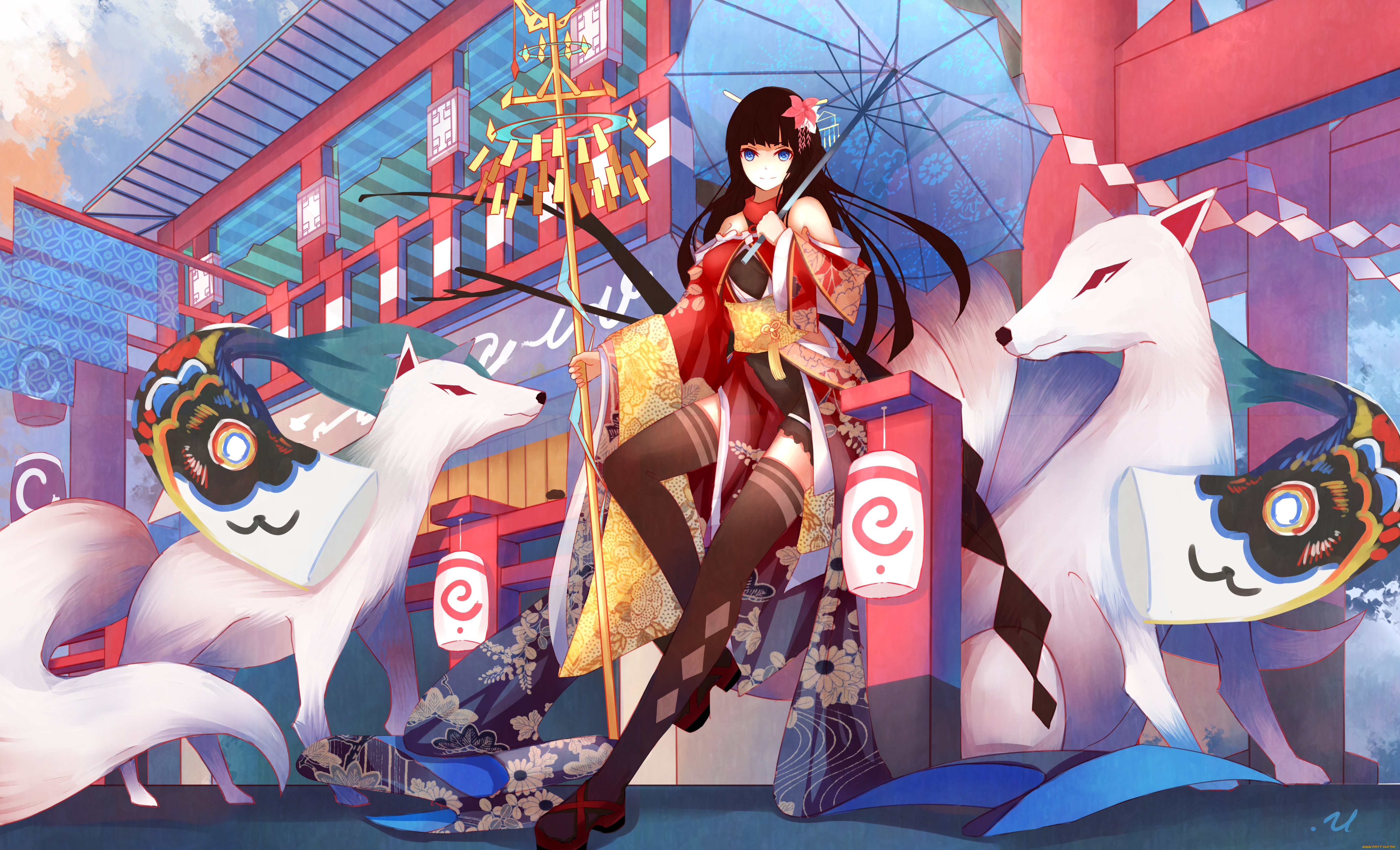 аниме, животные, , существа, зонт, арт, девушка