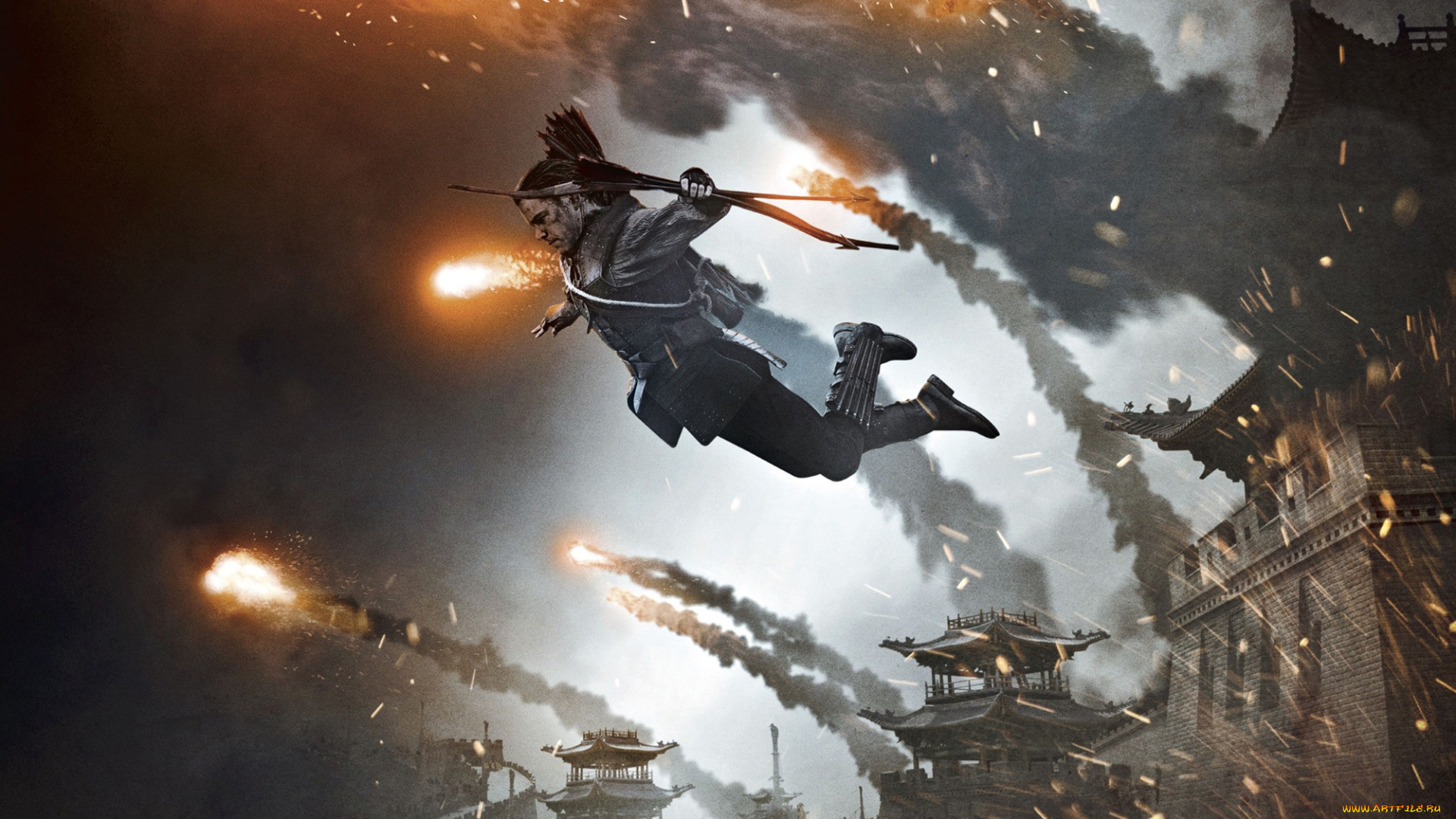 кино, фильмы, the, great, wall, мэтт, дэймон, огонь, стрелы, искры, лук, прыжок, the, great, wall, великая, стена, колчан, китай, фэнтези, лучник, дым, matt, damon