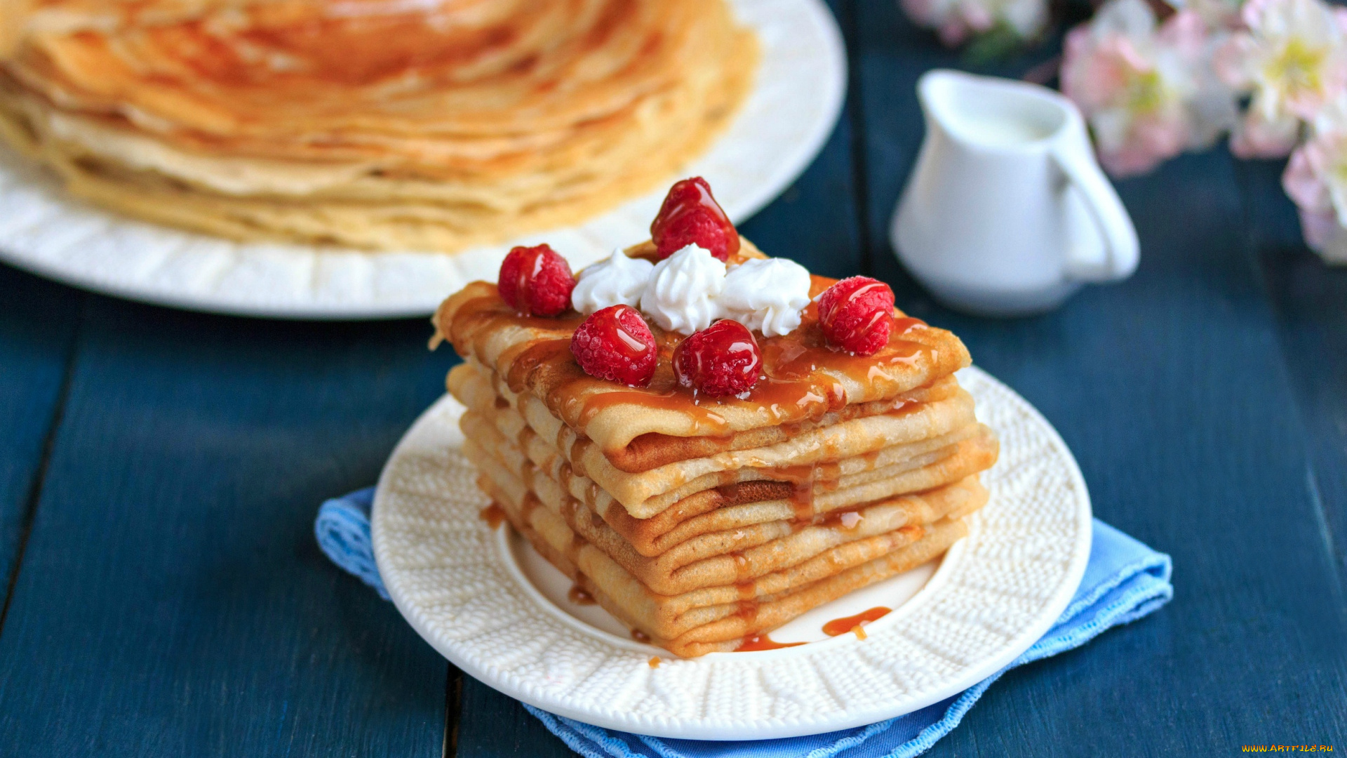 еда, блины, , оладьи, соус, карамель, малина