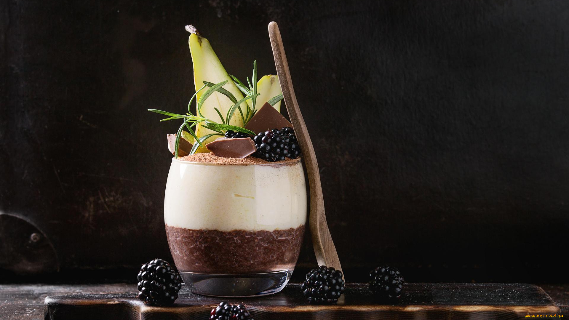 еда, ежевика, пудинг, стакан, шоколад, ягоды