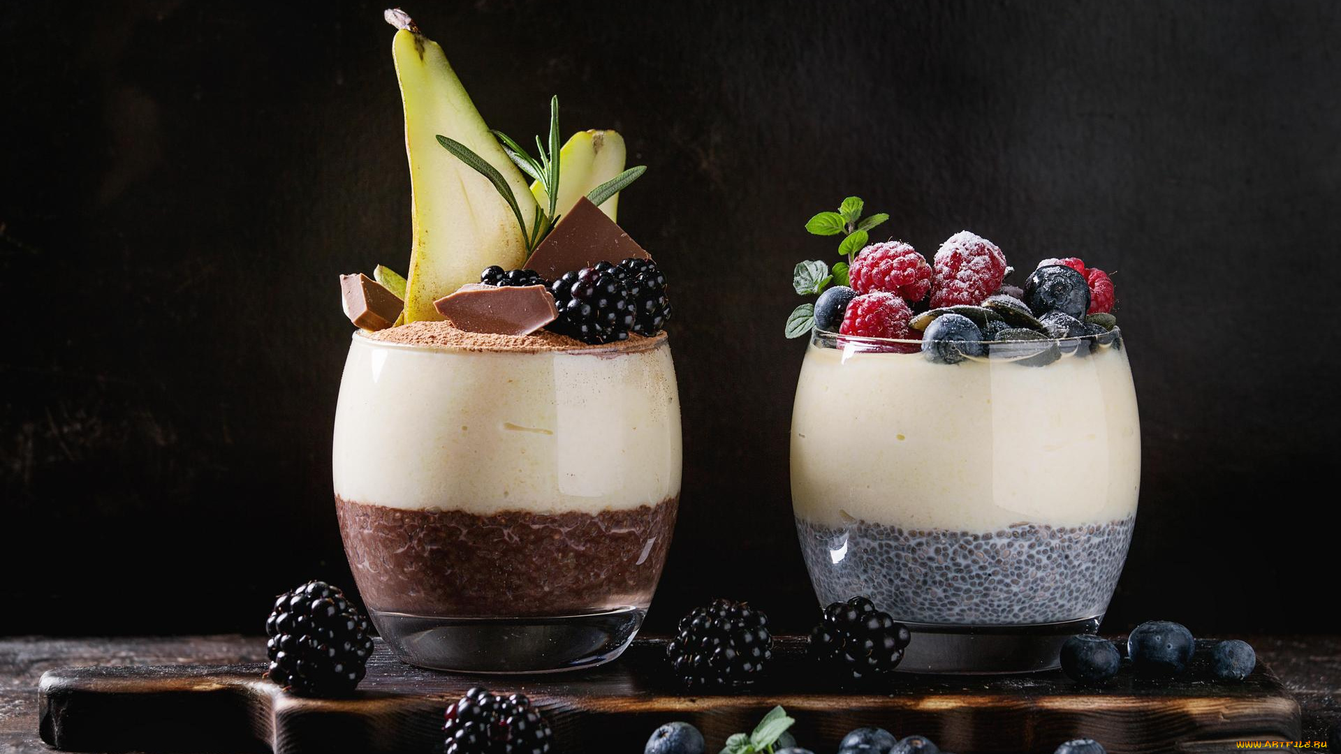 еда, ежевика, пудинг, стаканы, завтрак, шоколад