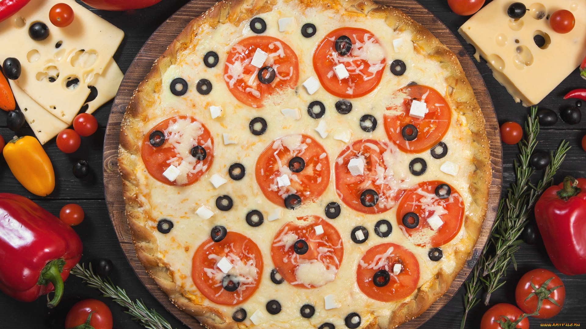 еда, пицца, маслины, овощи, сыр, помидоры, перец