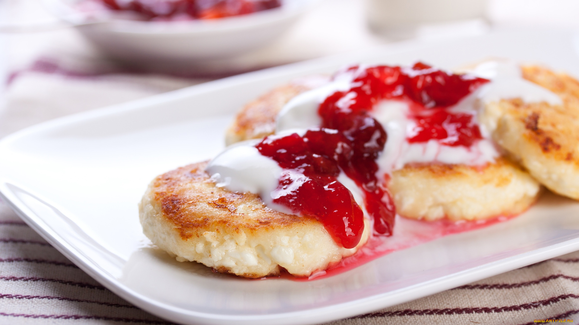 еда, сырные, изделия, джем, сырники, сметана