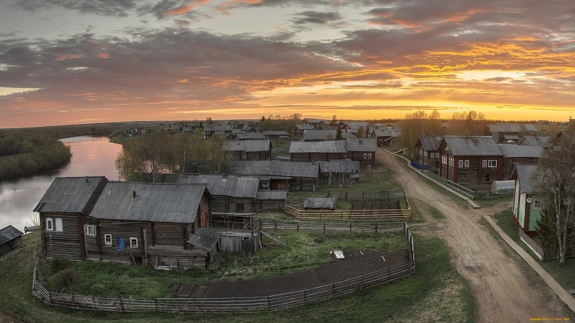города, -, панорамы, деревня, кимжа, вечер, архангельская, область, лето, река