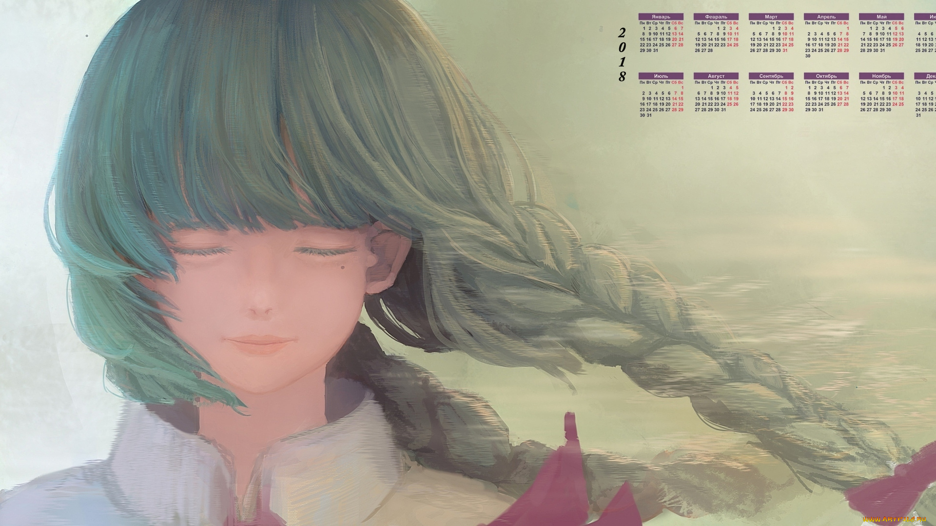 календари, аниме, лицо, анфас, коса, девушка