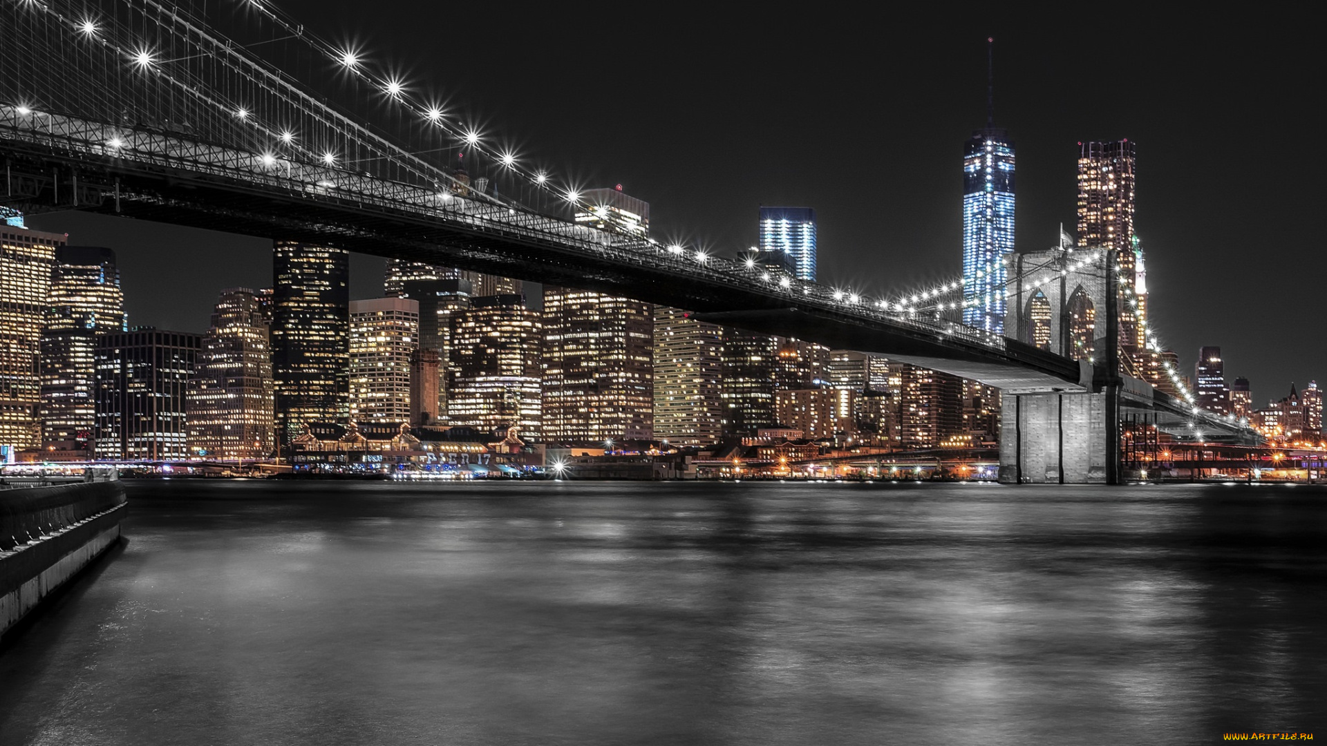 manhattan, skyline, , new, york, города, нью-йорк, , сша, панорама, ночь, небоскребы