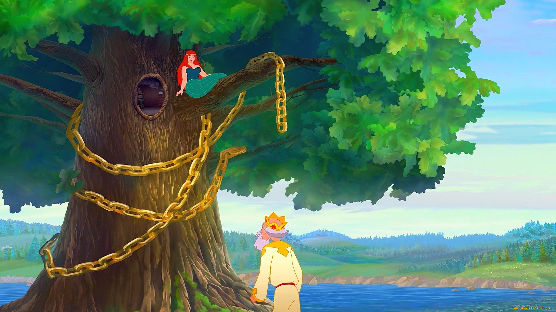 мультфильмы, иван, царевич, и, серый, волк, 2, корона, царь, водоем, цепь, дуб, русалка, мужчина