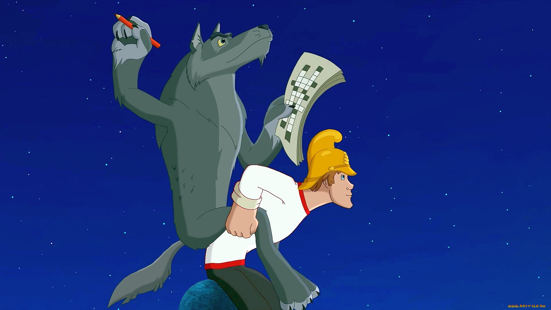 мультфильмы, иван, царевич, и, серый, волк, 2, волк, парень, шлем, карандаш, небо, газета, полет