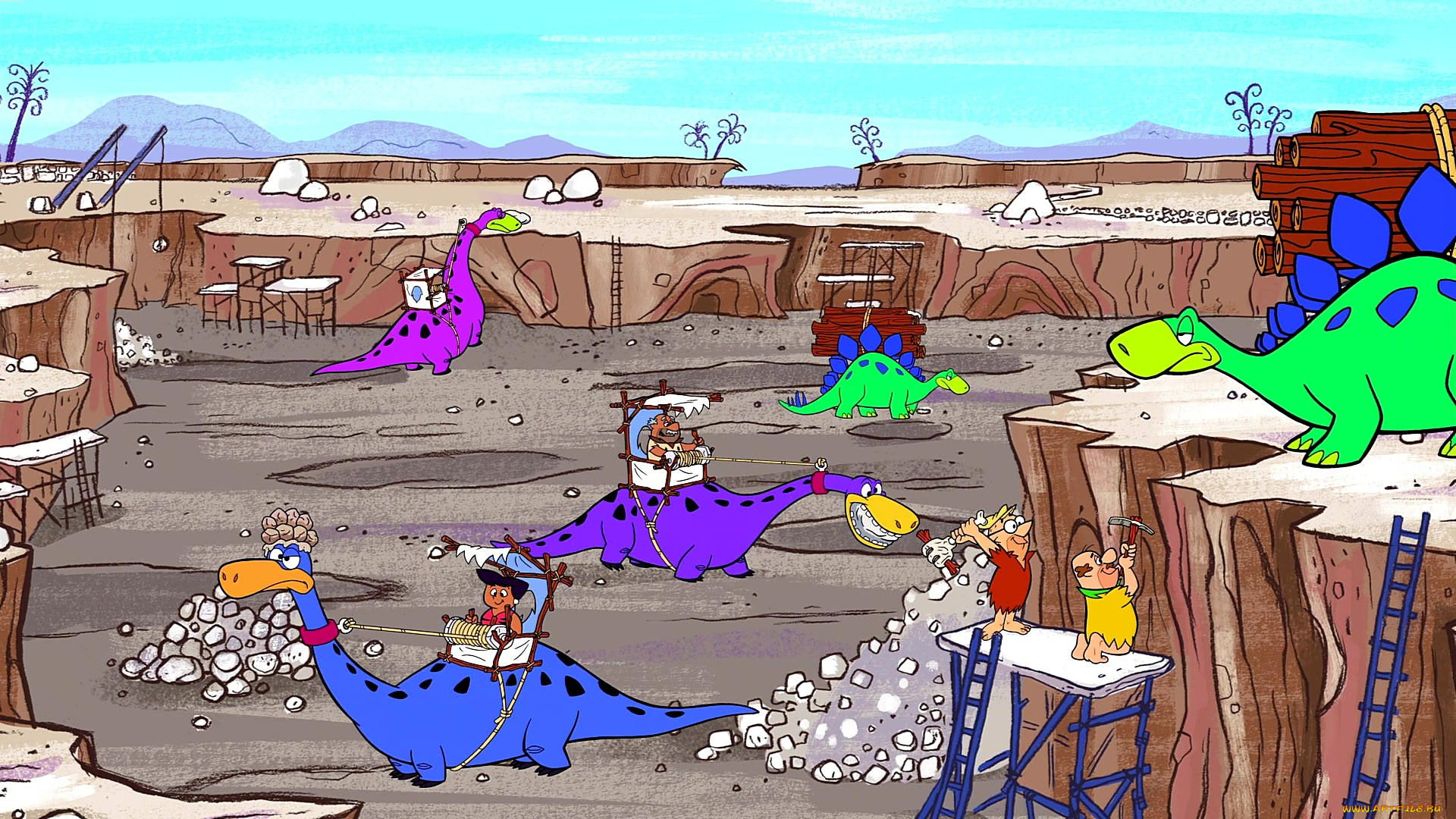 мультфильмы, the, flintstones, динозавр, люди, работа, раскопка, карьер