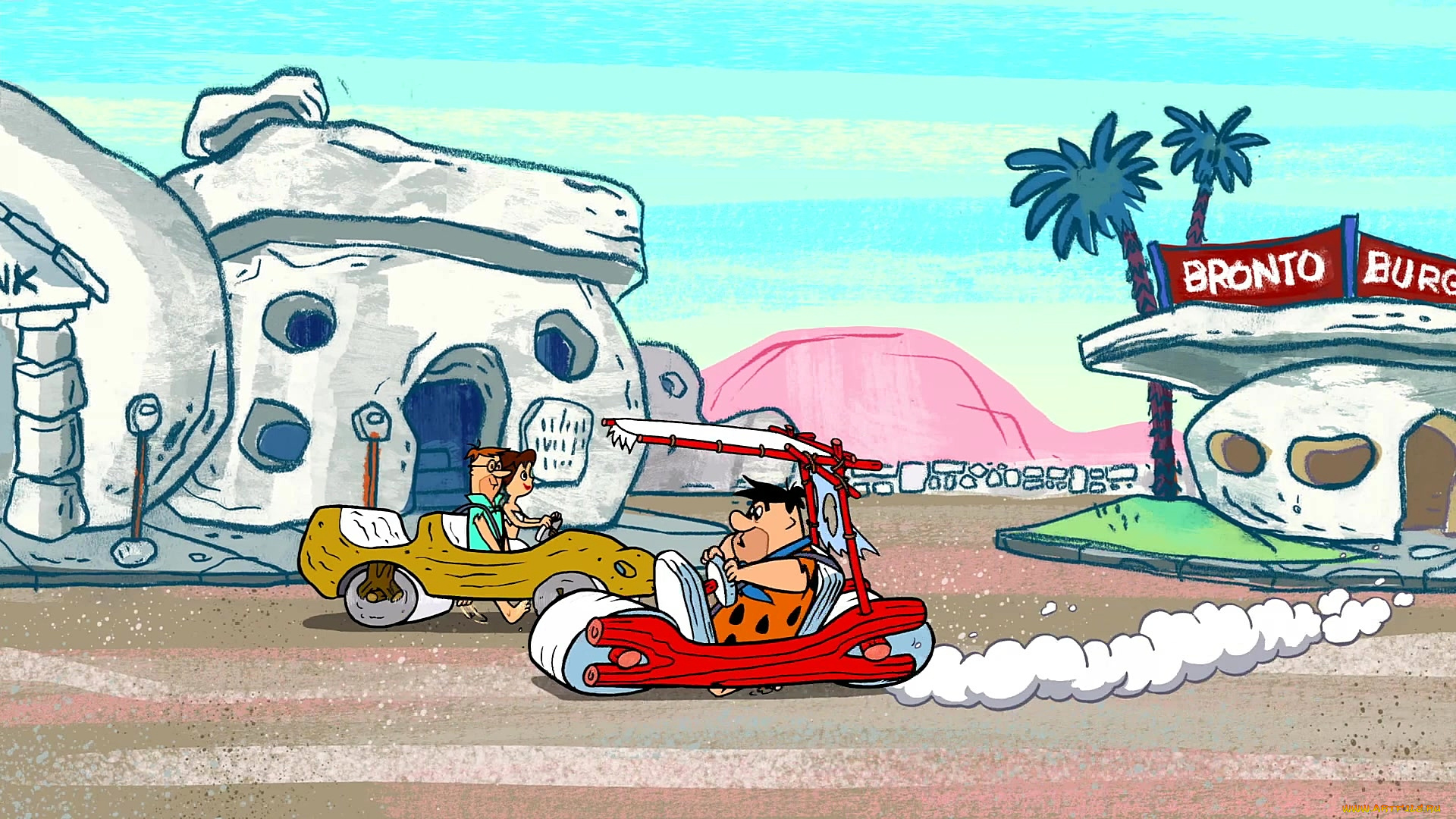 мультфильмы, the, flintstones, мужчина, люди, машина, деревья