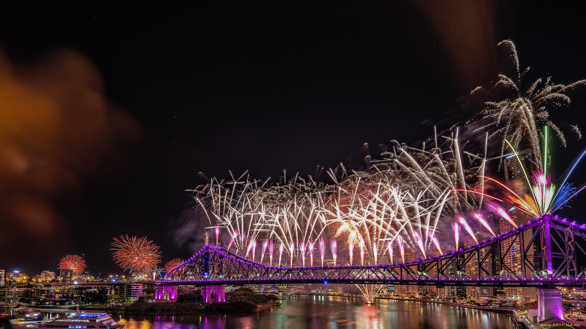 разное, салюты, , фейерверки, ночной, город, ночные, огни, мост, салют, праздник