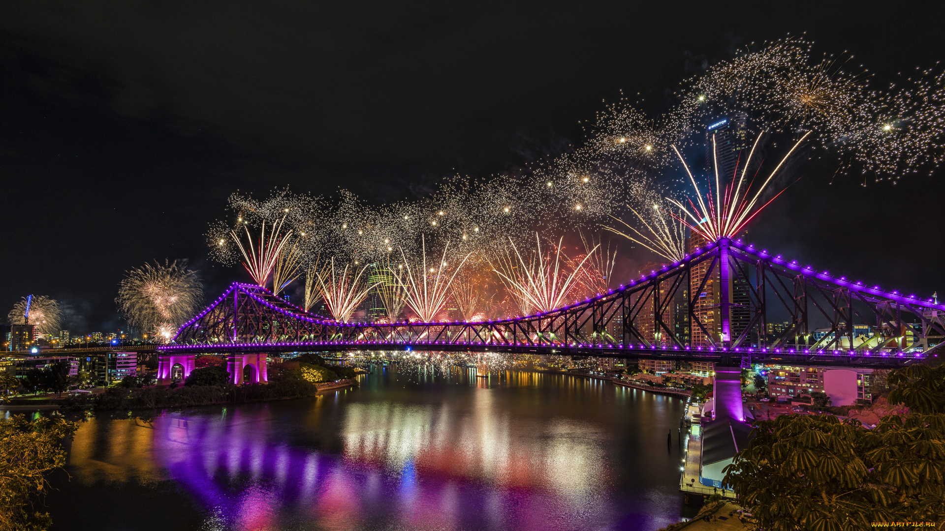 разное, салюты, , фейерверки, салют, ночные, огни, мост, река