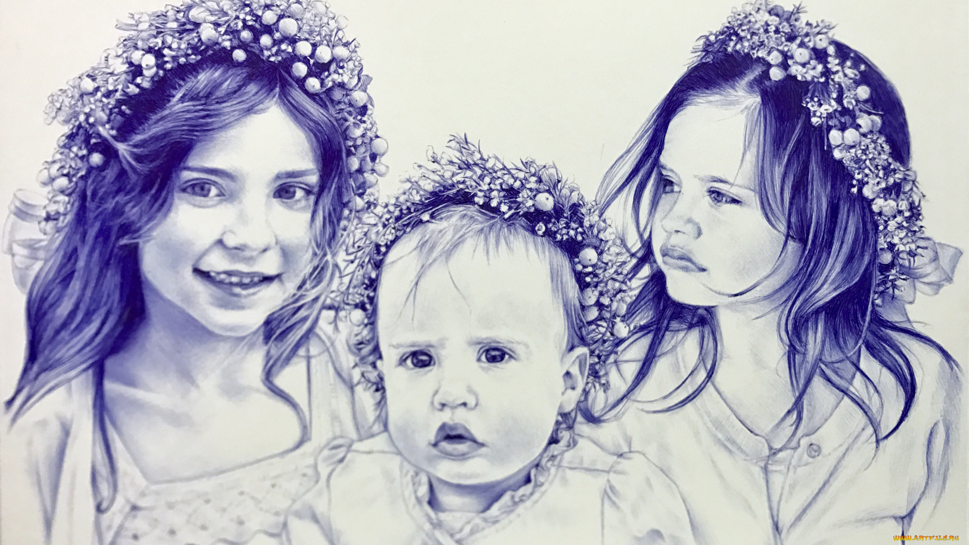 рисованное, дети, венок, фон, взгляд, улыбка