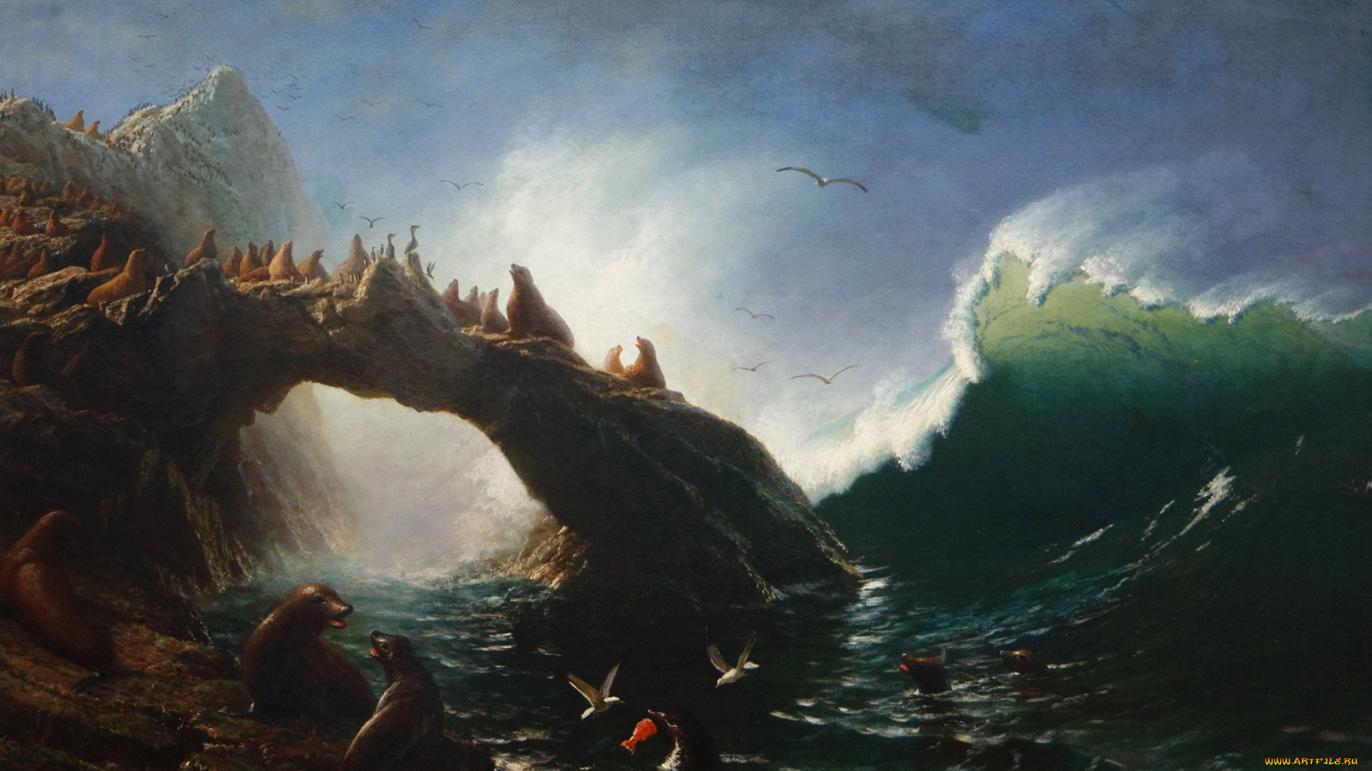 рисованное, живопись, тюлени, остров, фараллон, картина, альберт, бирштадт, морской, пейзаж