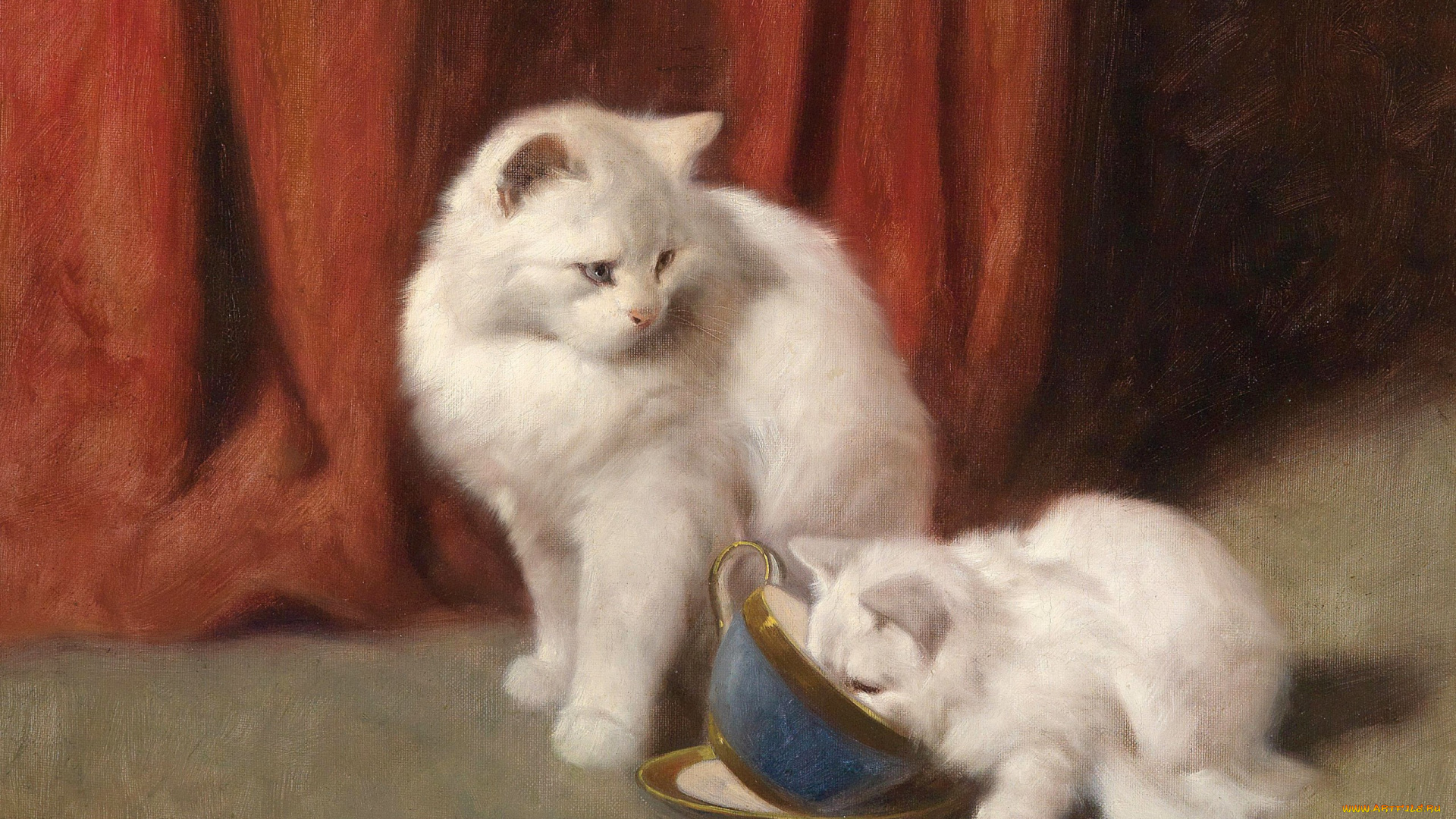 рисованное, животные, , коты, белая, кошка, картина, tea, time, arthur, heyer, арт, пушистая