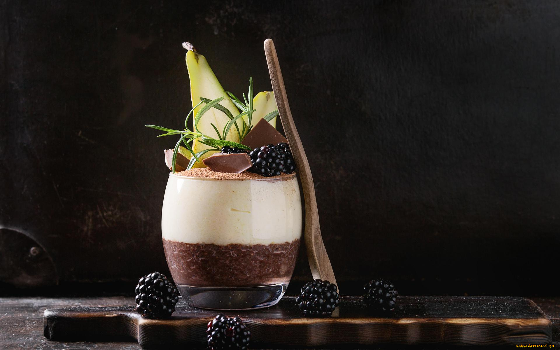 еда, ежевика, пудинг, стакан, шоколад, ягоды