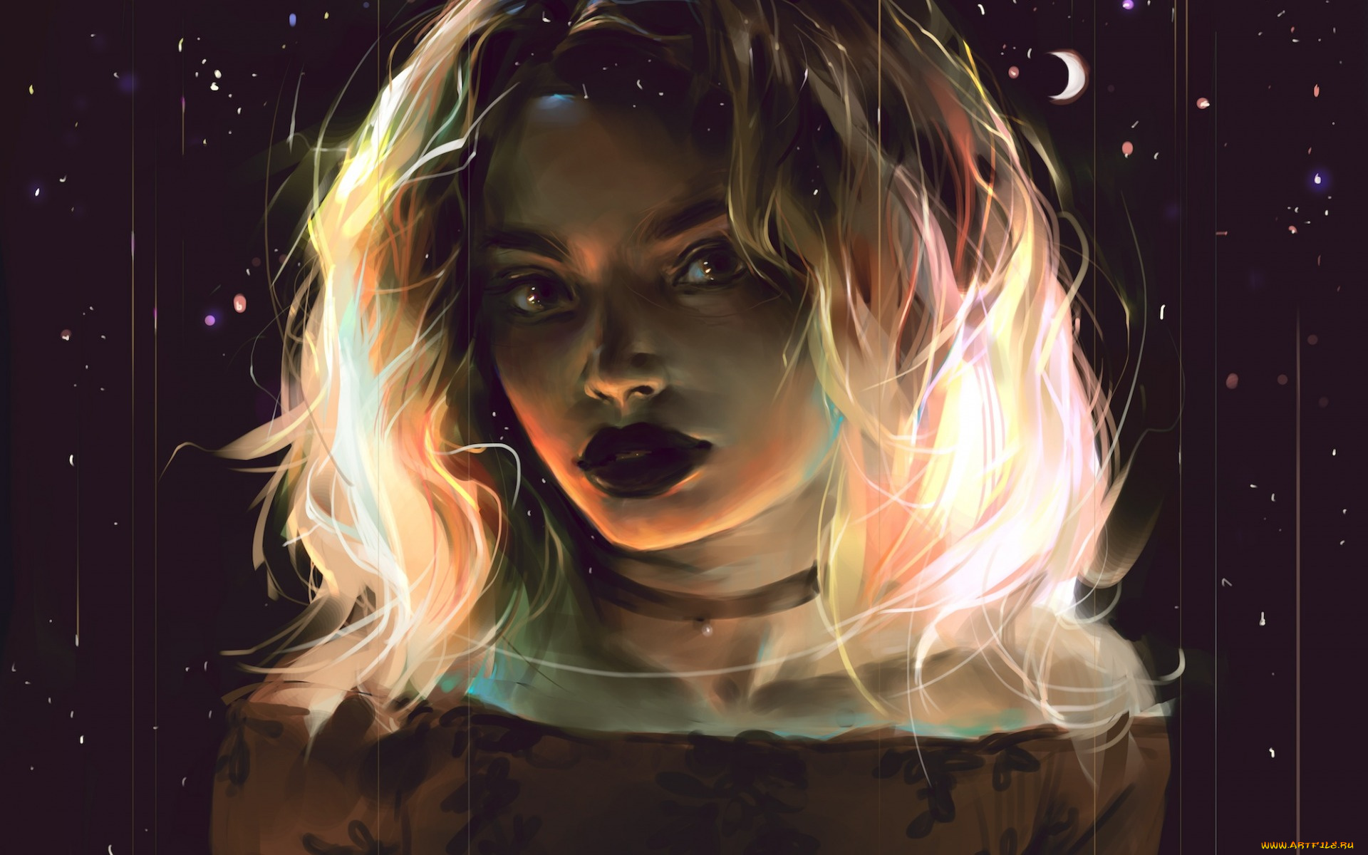 рисованное, люди, звезды, девушка, месяц, by, vetyr