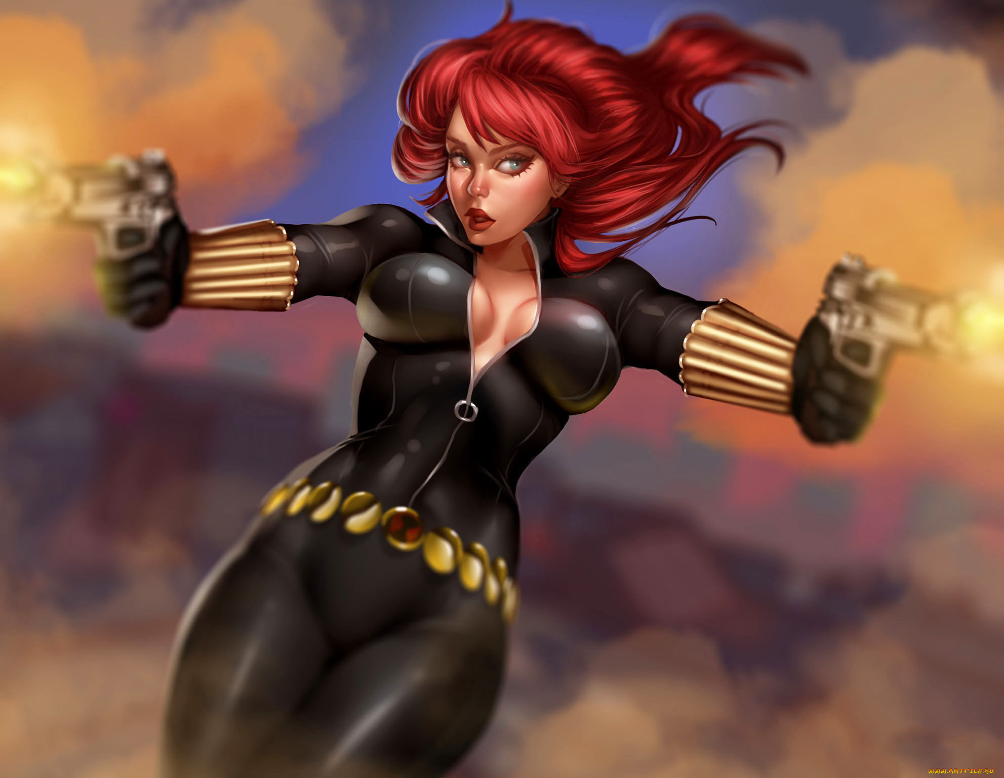 рисованное, комиксы, девушка, униформа, фон, пистолет