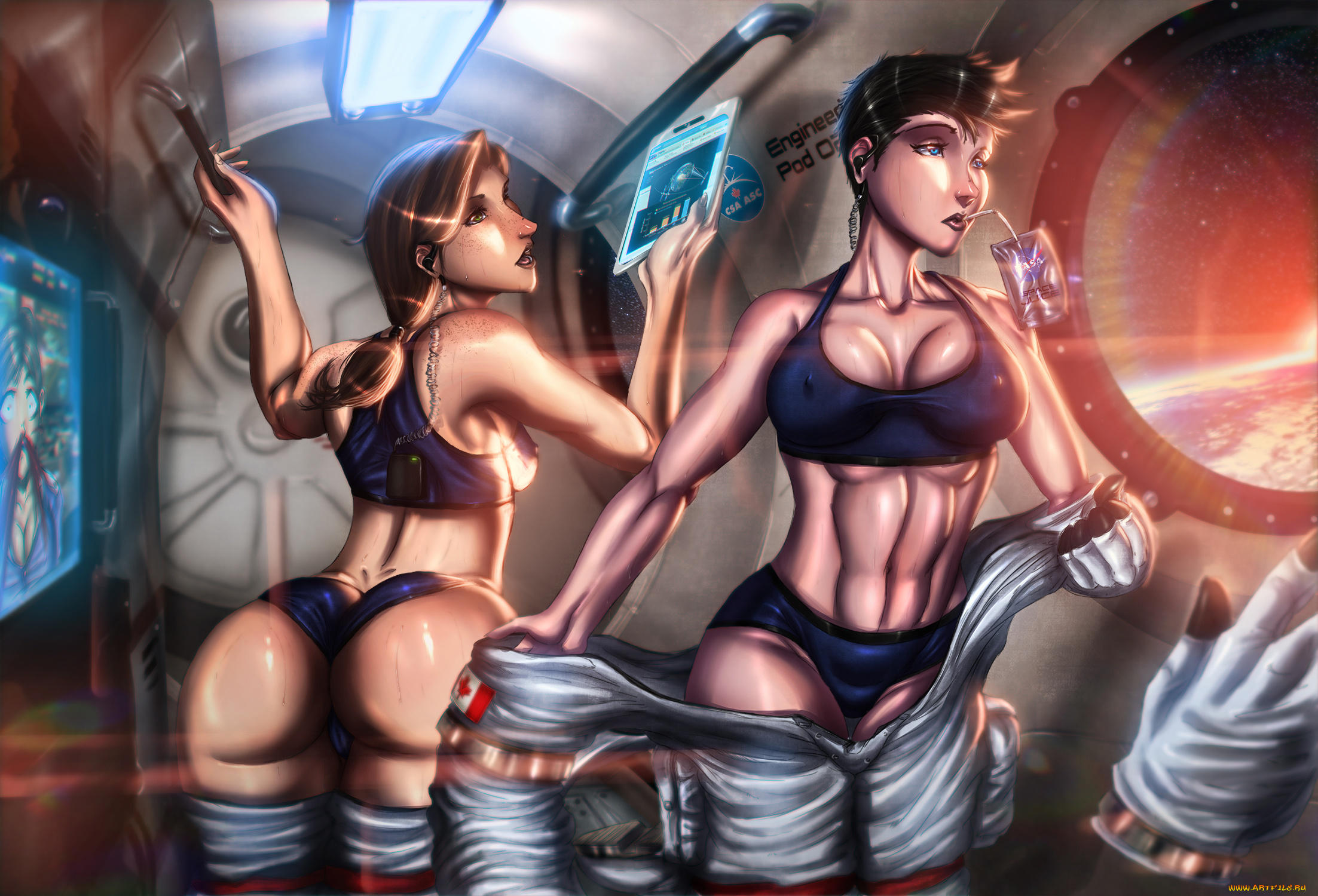 рисованное, люди, фон, девушки, корабль