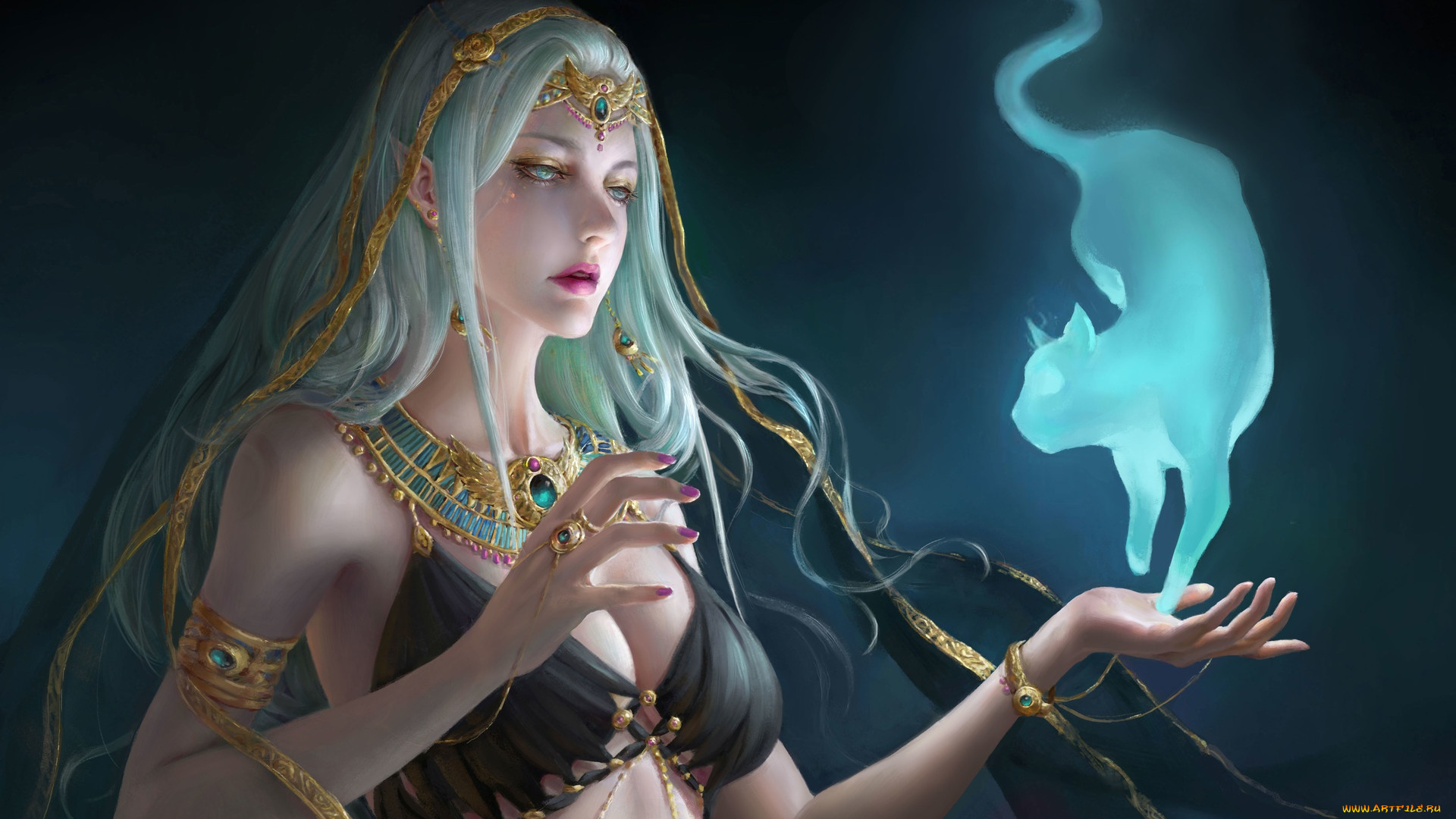 фэнтези, магия, кот, взгляд, девушка, украшения, животное, арт