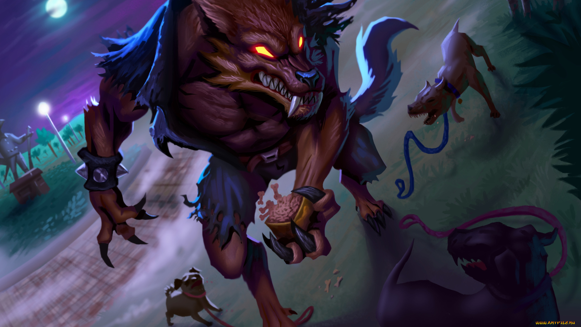 фэнтези, оборотни, собаки, ночь, луна, арт, клыки, оборотень, корм, поводки