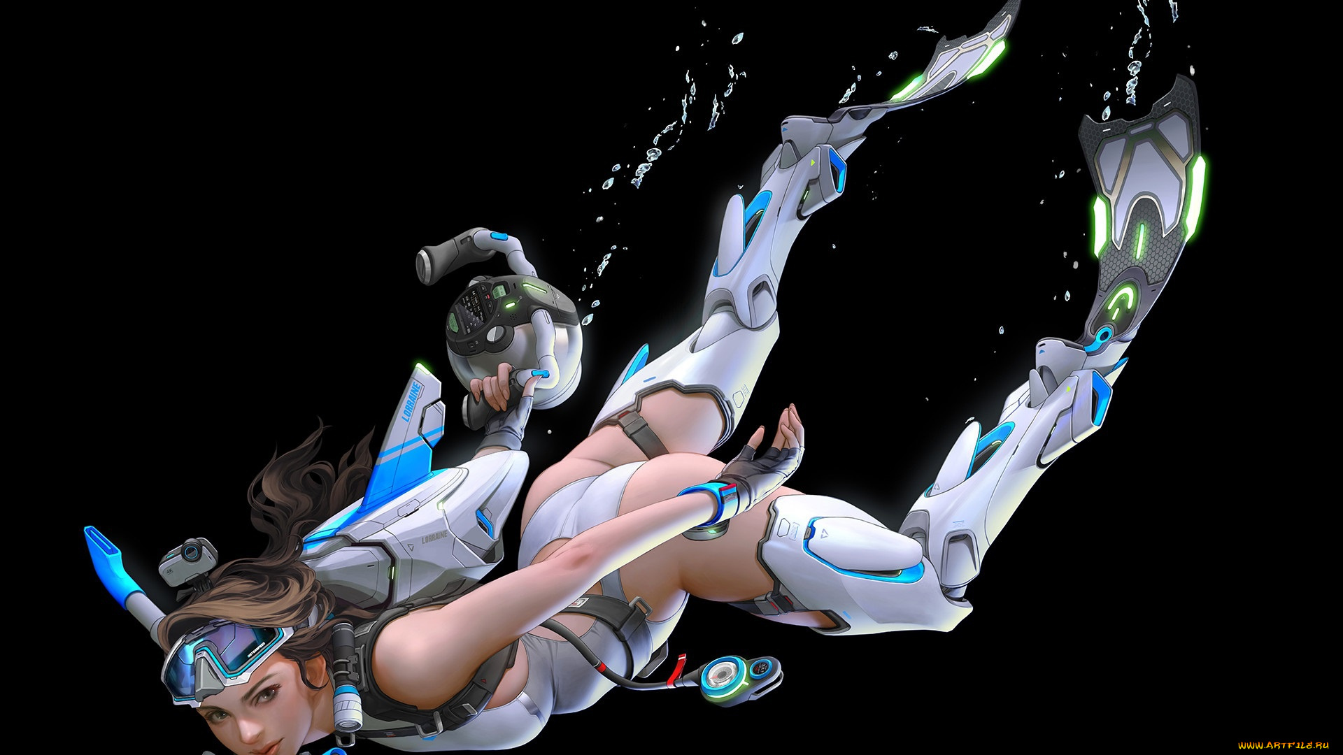 фэнтези, роботы, , киборги, , механизмы, взгляд, вода, девушка, арт, черный, фон, sci-fi, ласты