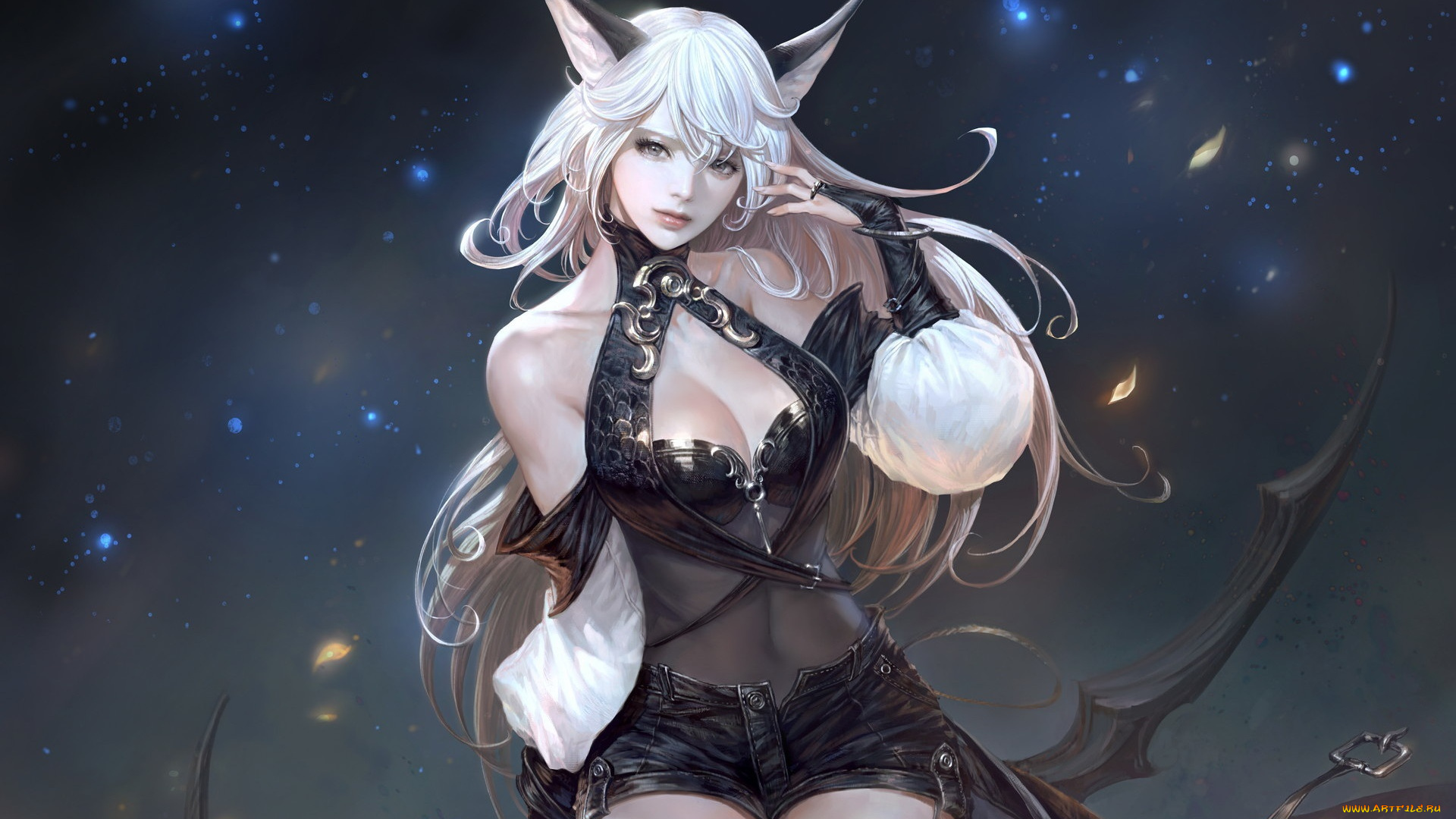 фэнтези, существа, фентези, фон, поза, взгляд, девушка, шорты, чулки, арт, ушки