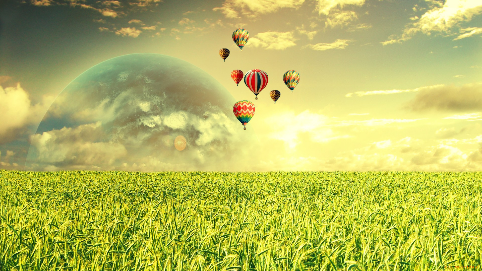 разное, компьютерный, дизайн, поле, планеты, небо, полет, шары