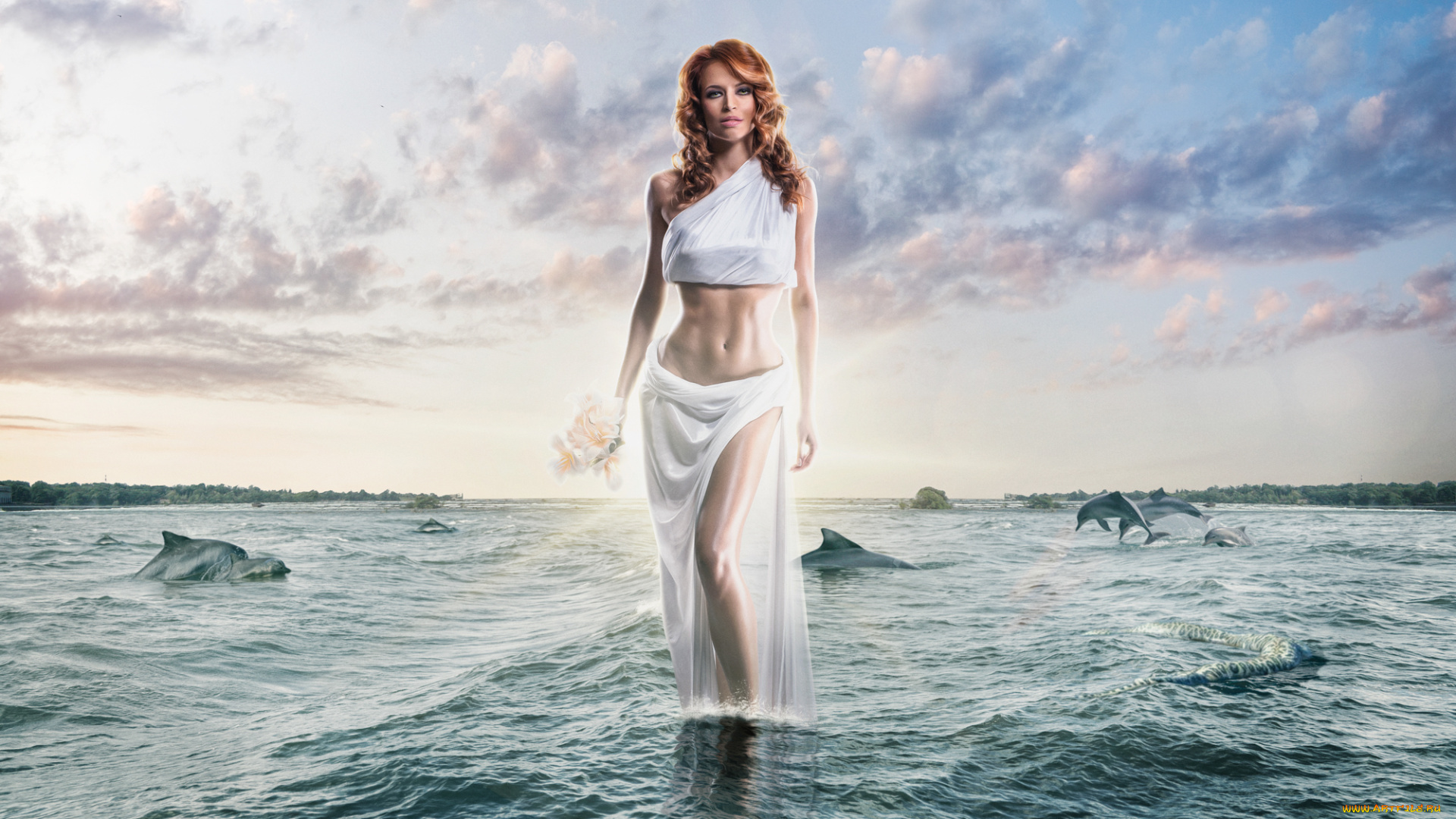 рисованное, люди, дельфины, морская, вода, женщины, художественный