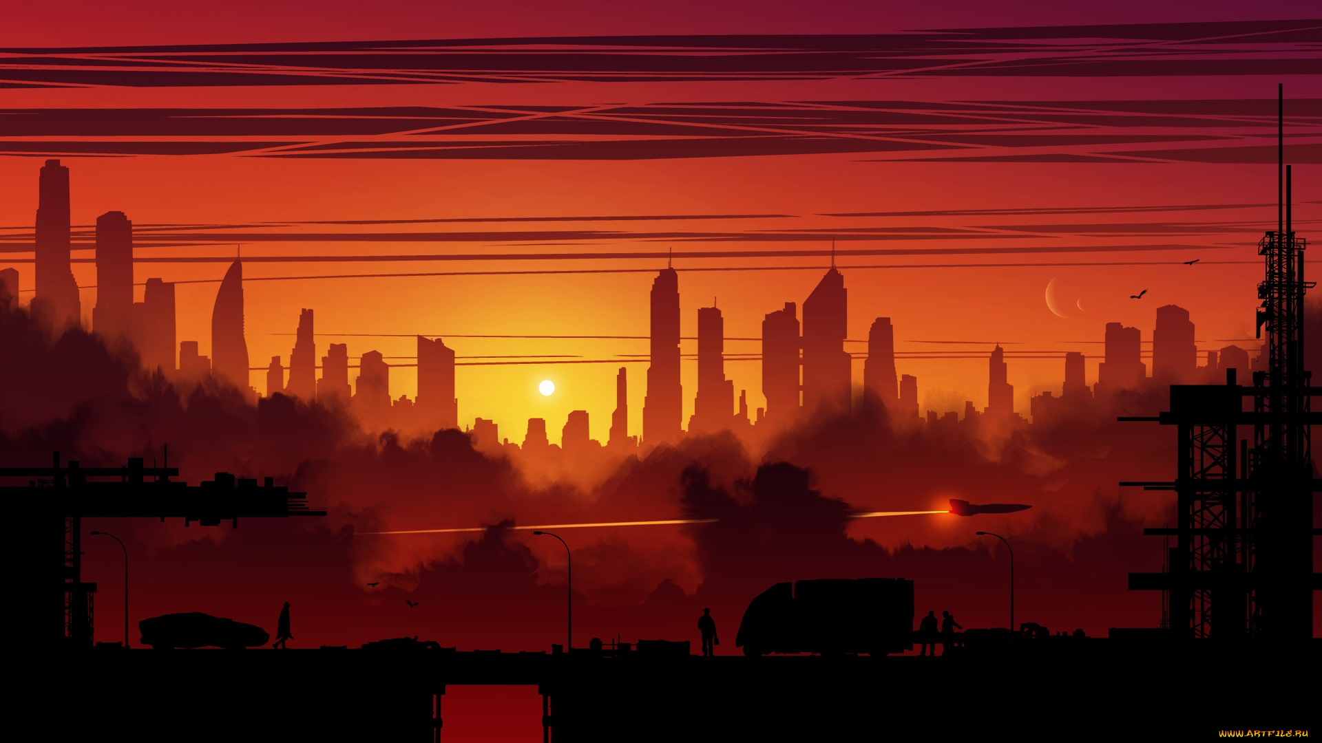 векторная, графика, город, , city, закат, здание, город, wallhaven, kvacm, фэнтези, иллюстрации, научная, фантастика