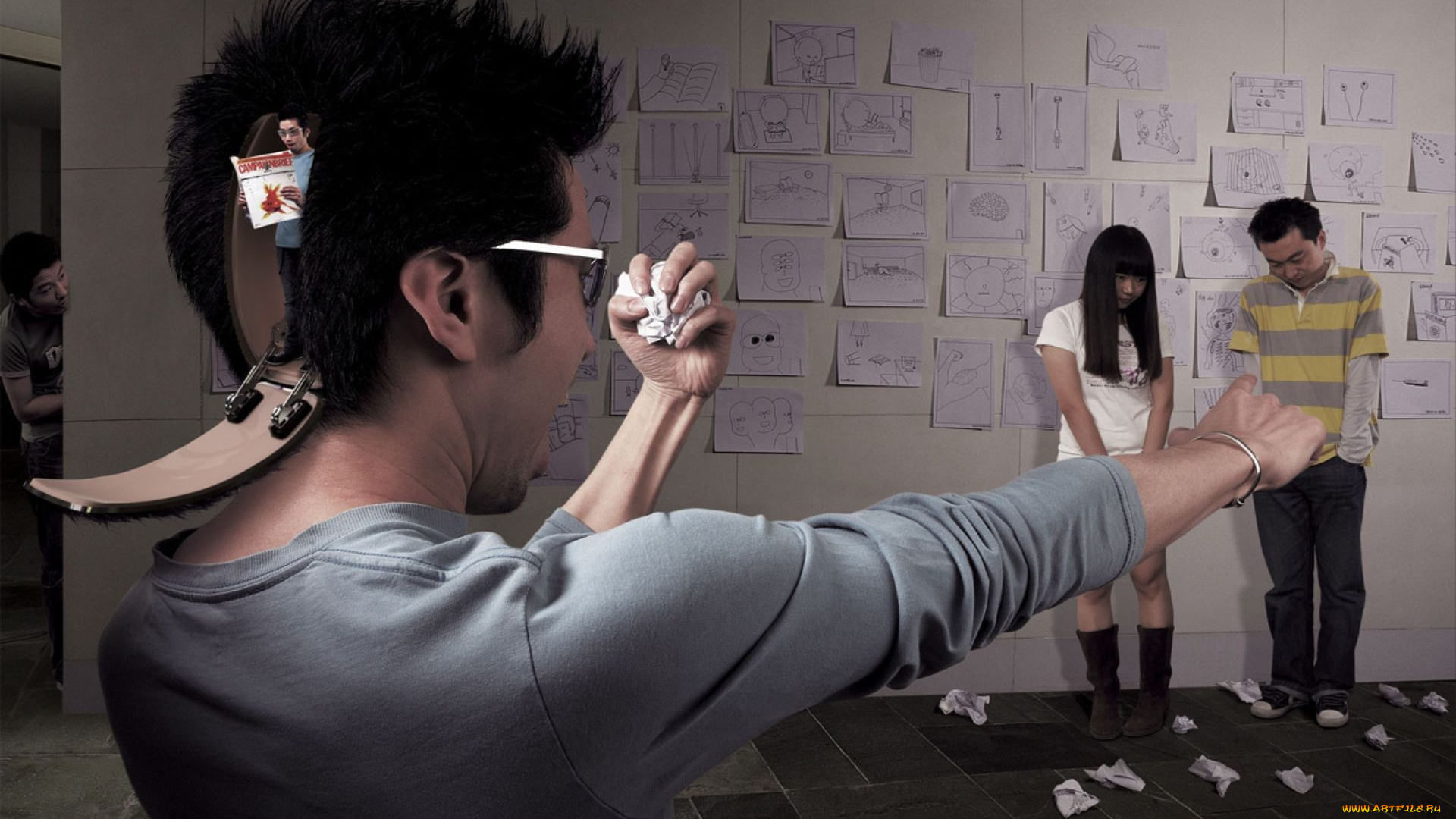 юмор, и, приколы, рисунки, бумажки, люди, дверца, голова