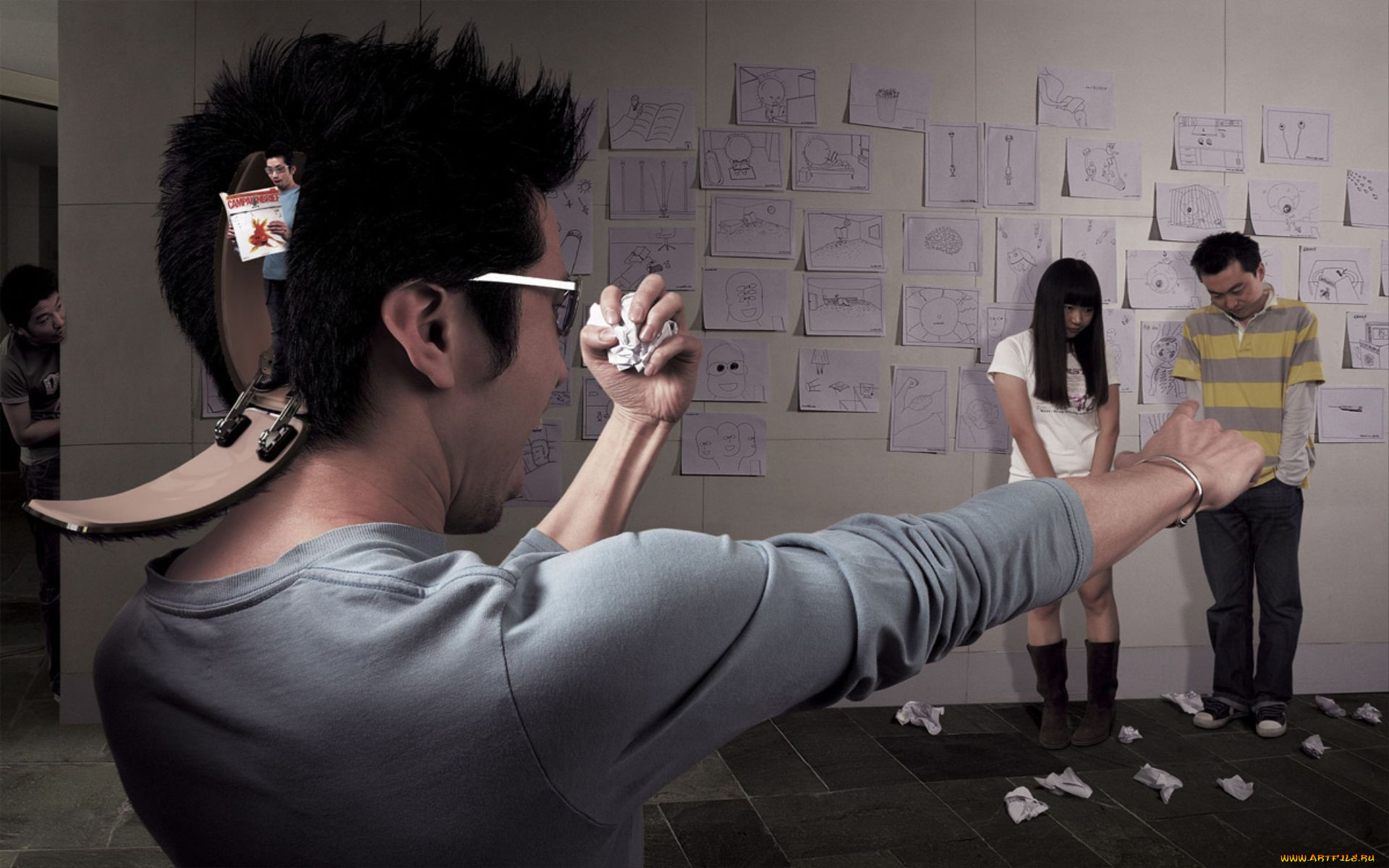 юмор, и, приколы, рисунки, бумажки, люди, дверца, голова