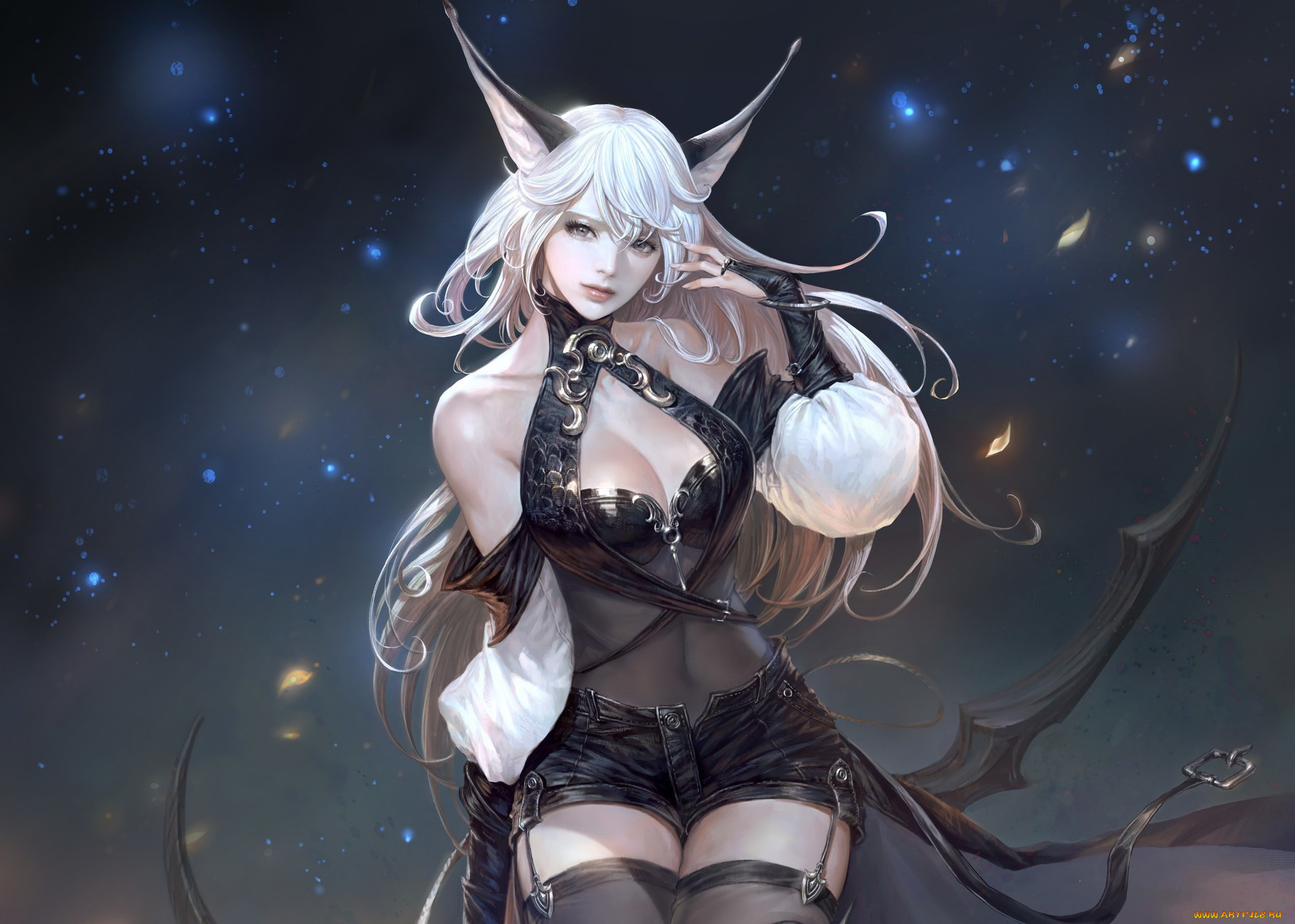 фэнтези, существа, фентези, фон, поза, взгляд, девушка, шорты, чулки, арт, ушки