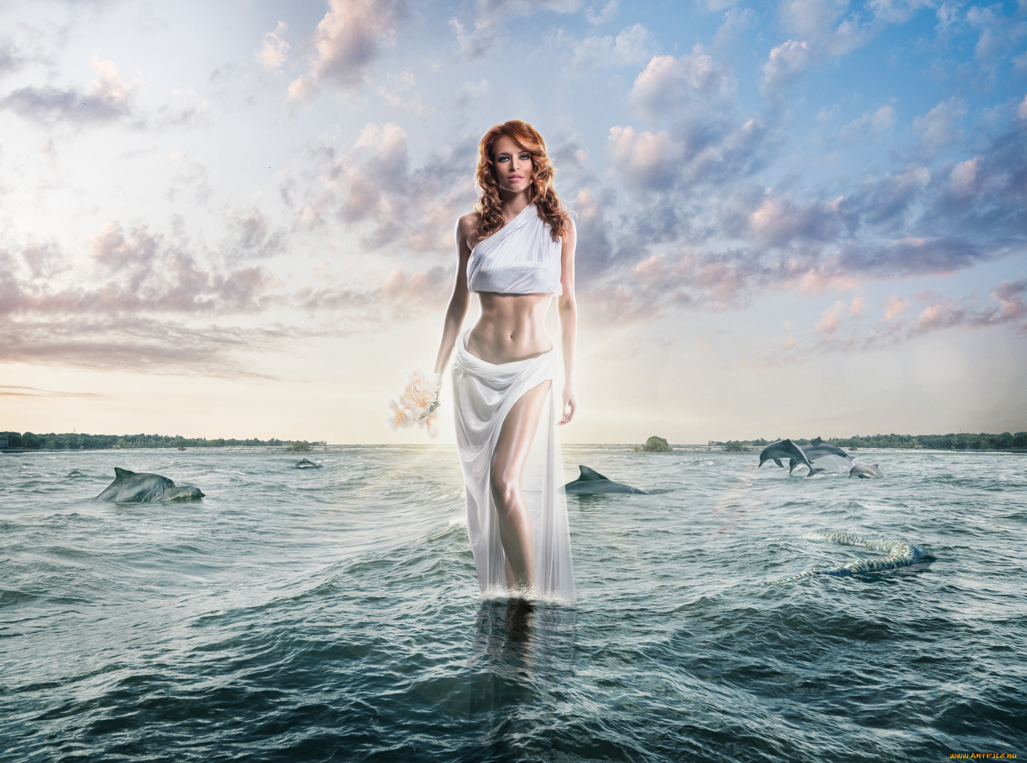 рисованное, люди, дельфины, морская, вода, женщины, художественный