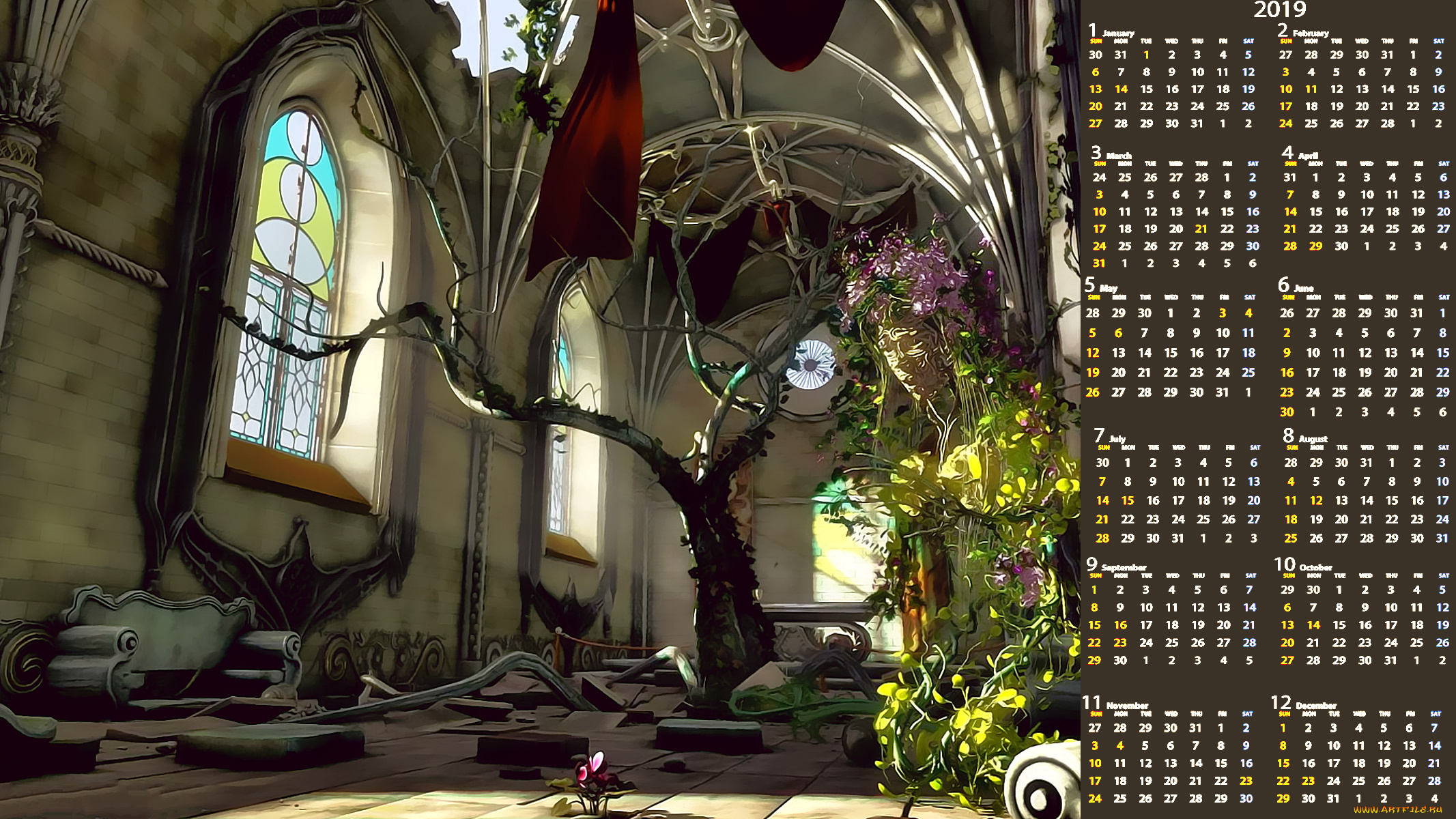календари, фэнтези, помещение, дерево, витраж