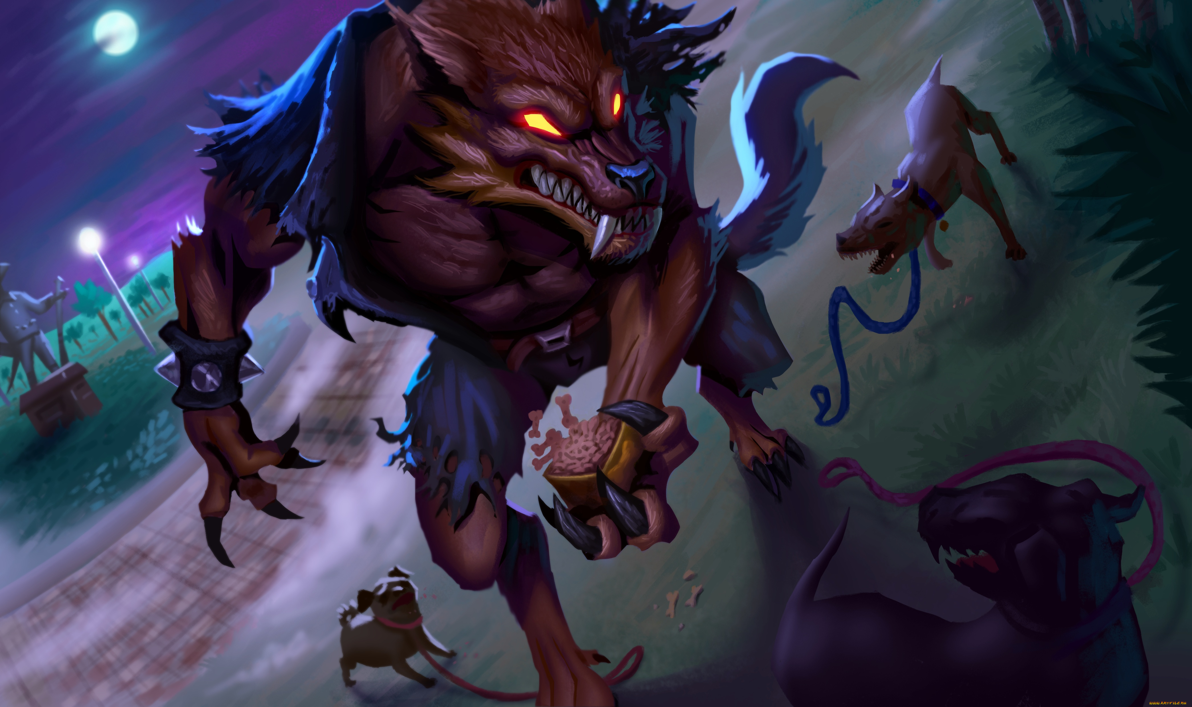 фэнтези, оборотни, собаки, ночь, луна, арт, клыки, оборотень, корм, поводки