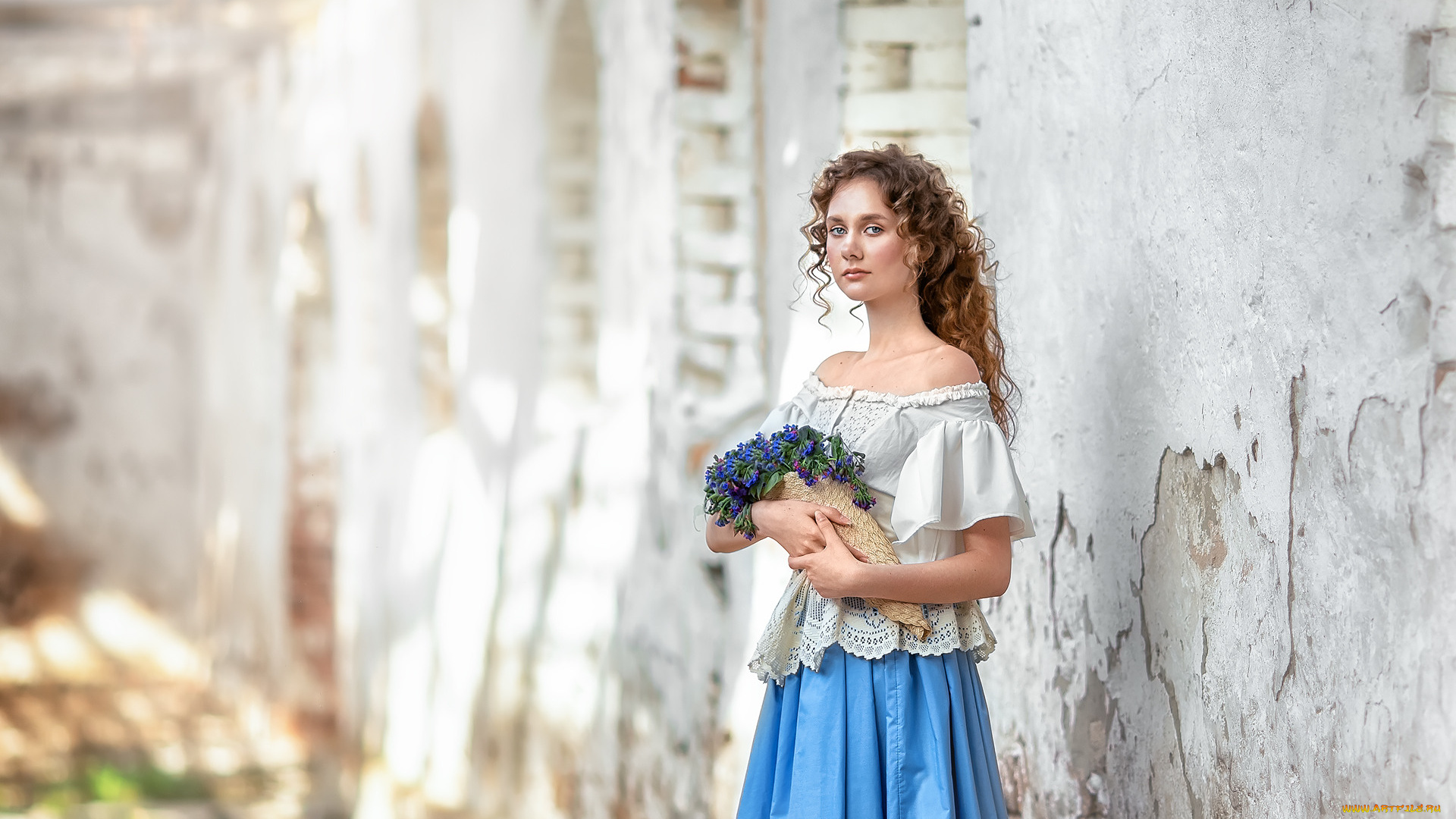 девушки, -, брюнетки, , шатенки, русая, блузка, юбка, цветы, стена