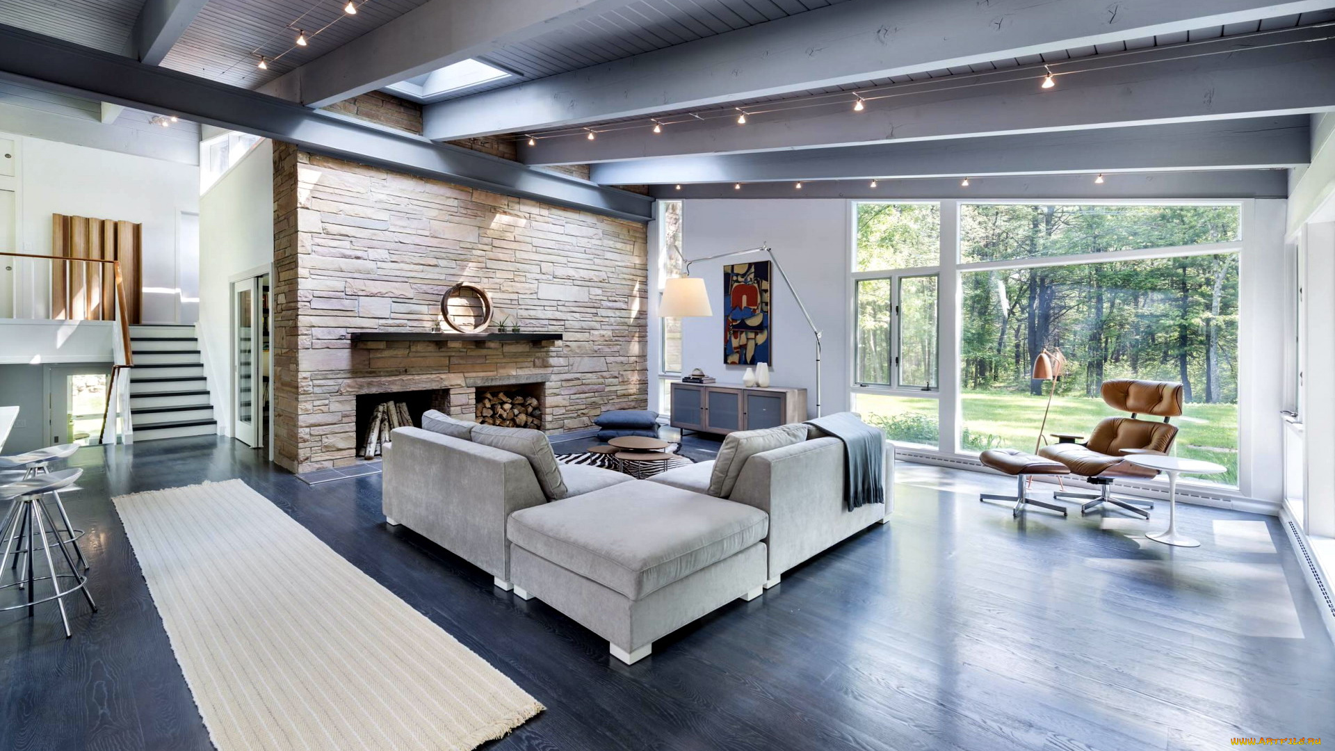 интерьер, гостиная, камин, мягкий, уголок