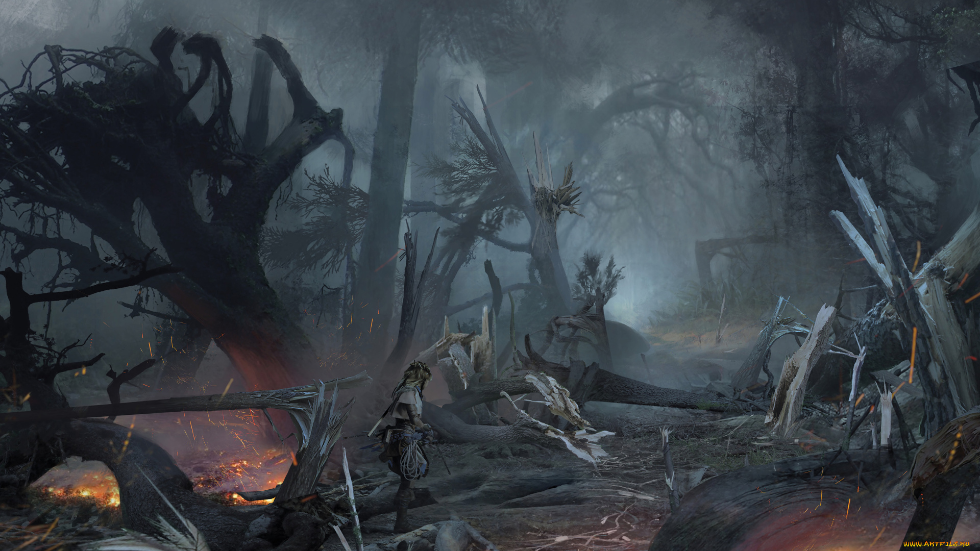 видео, игры, horizon, zero, dawn, лес, пожар, девочка, разруха
