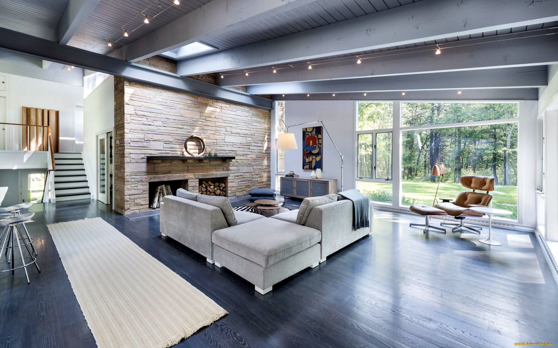 интерьер, гостиная, камин, мягкий, уголок