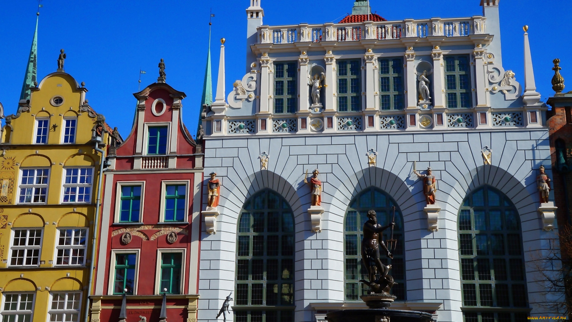 города, гданьск, , польша, здания, фонтан