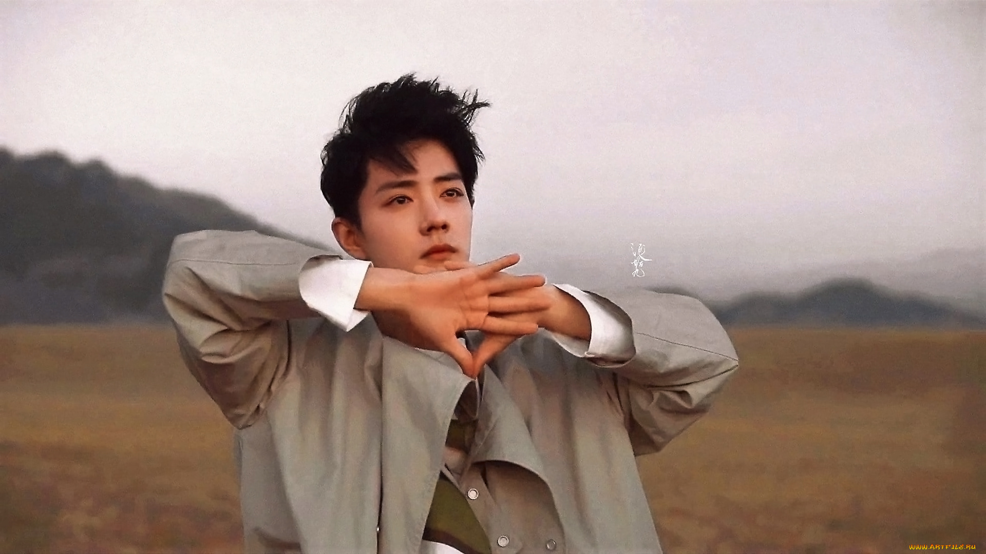 мужчины, xiao, zhan, плащ, жест, степь, горы