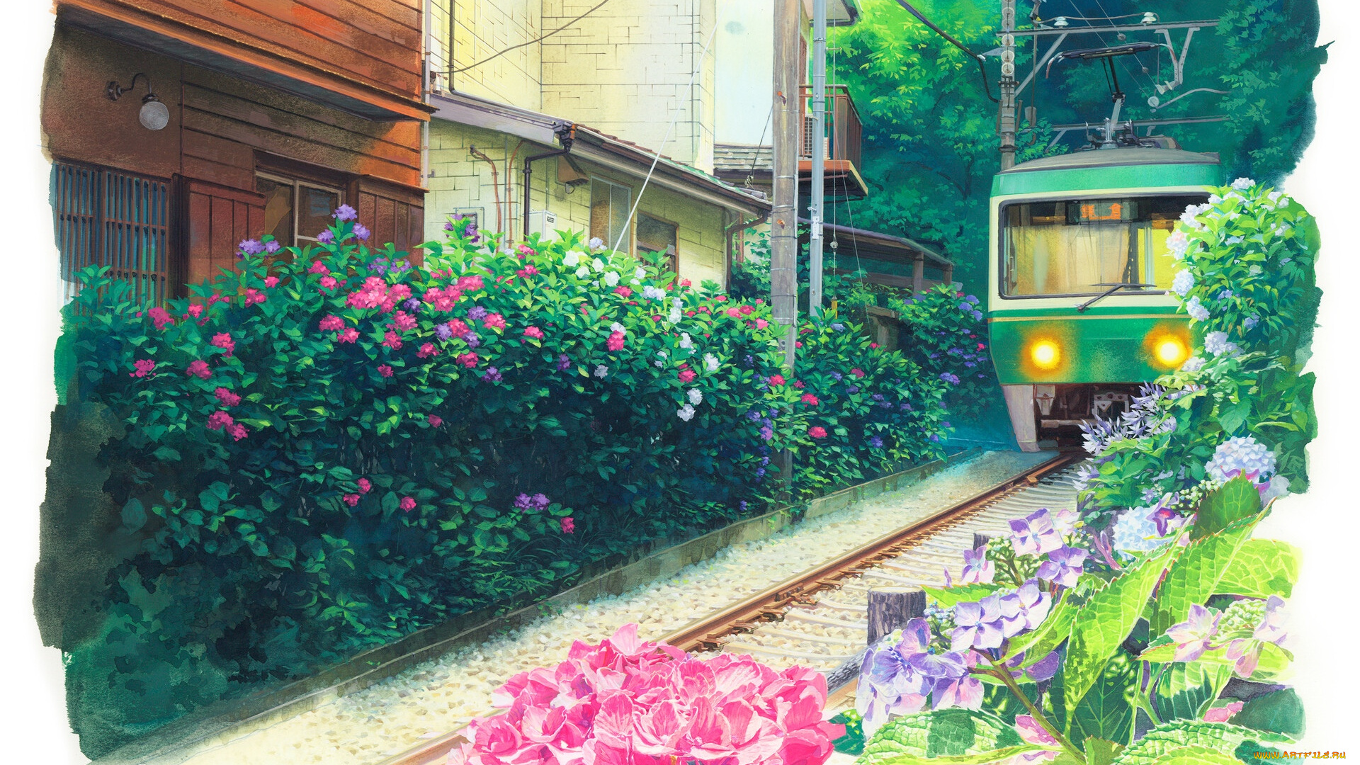 рисованное, города, город, дома, железная, дорога, кусты, трамвай, цветы