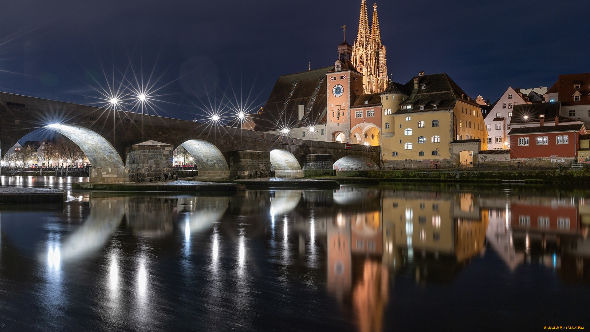 города, регенсбург, , германия, река, мост, вечер, огни