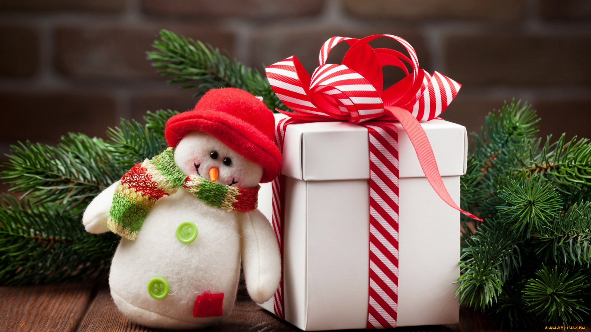 праздничные, снеговики, сосновая, ветка, снеговик, подарок, ленты, бант