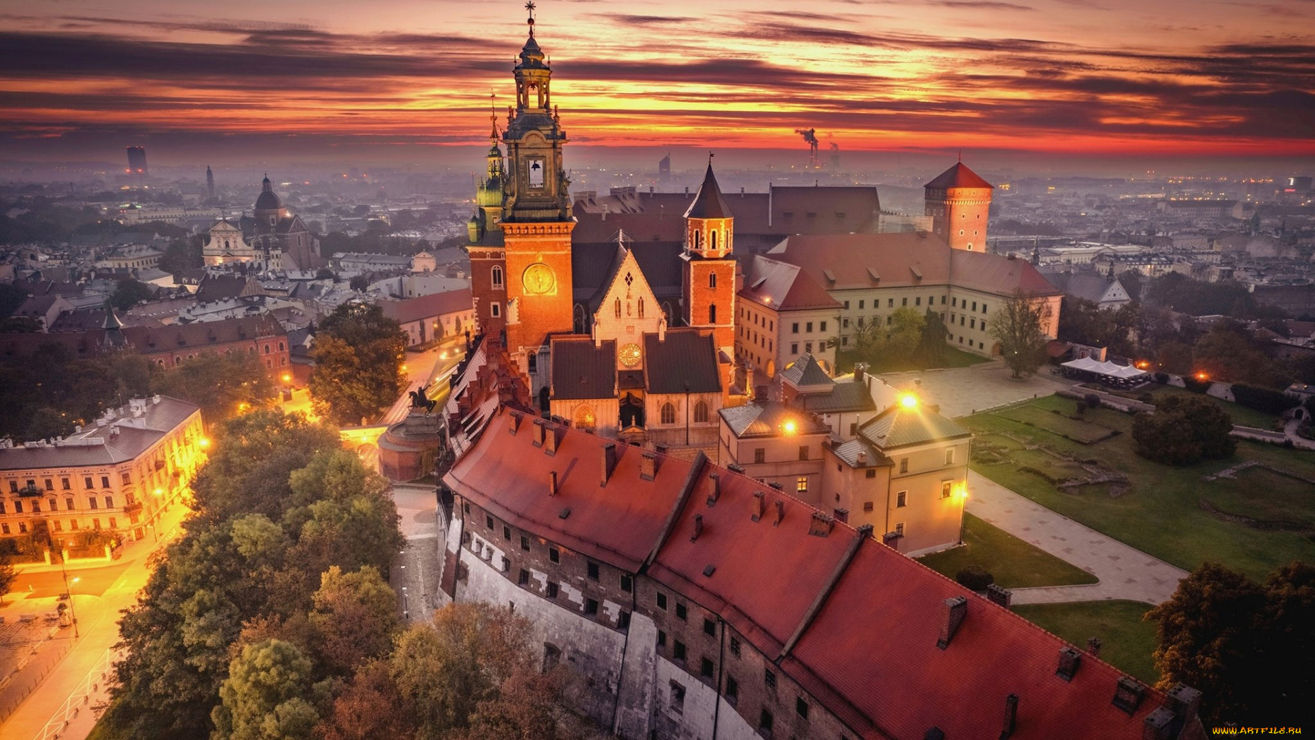 города, краков, , польша, вечер, огни, панорама