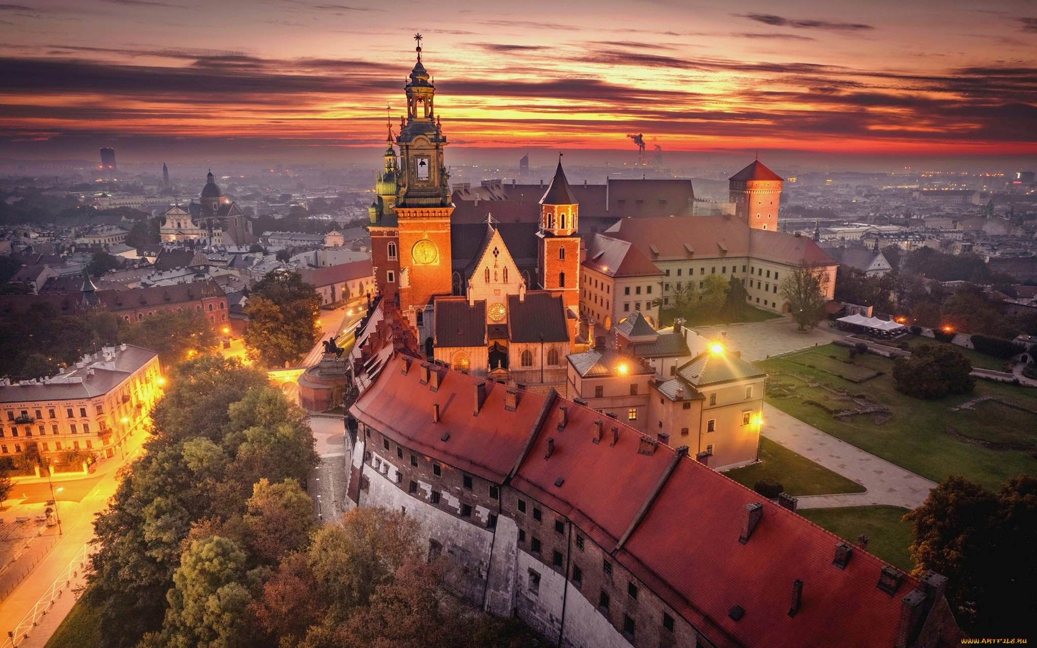 города, краков, , польша, вечер, огни, панорама