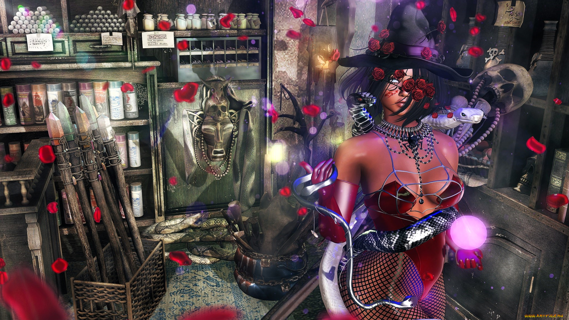 3д, графика, фантазия, , fantasy, девушка, шляпа, боди, змея, магия, полки, лепестки